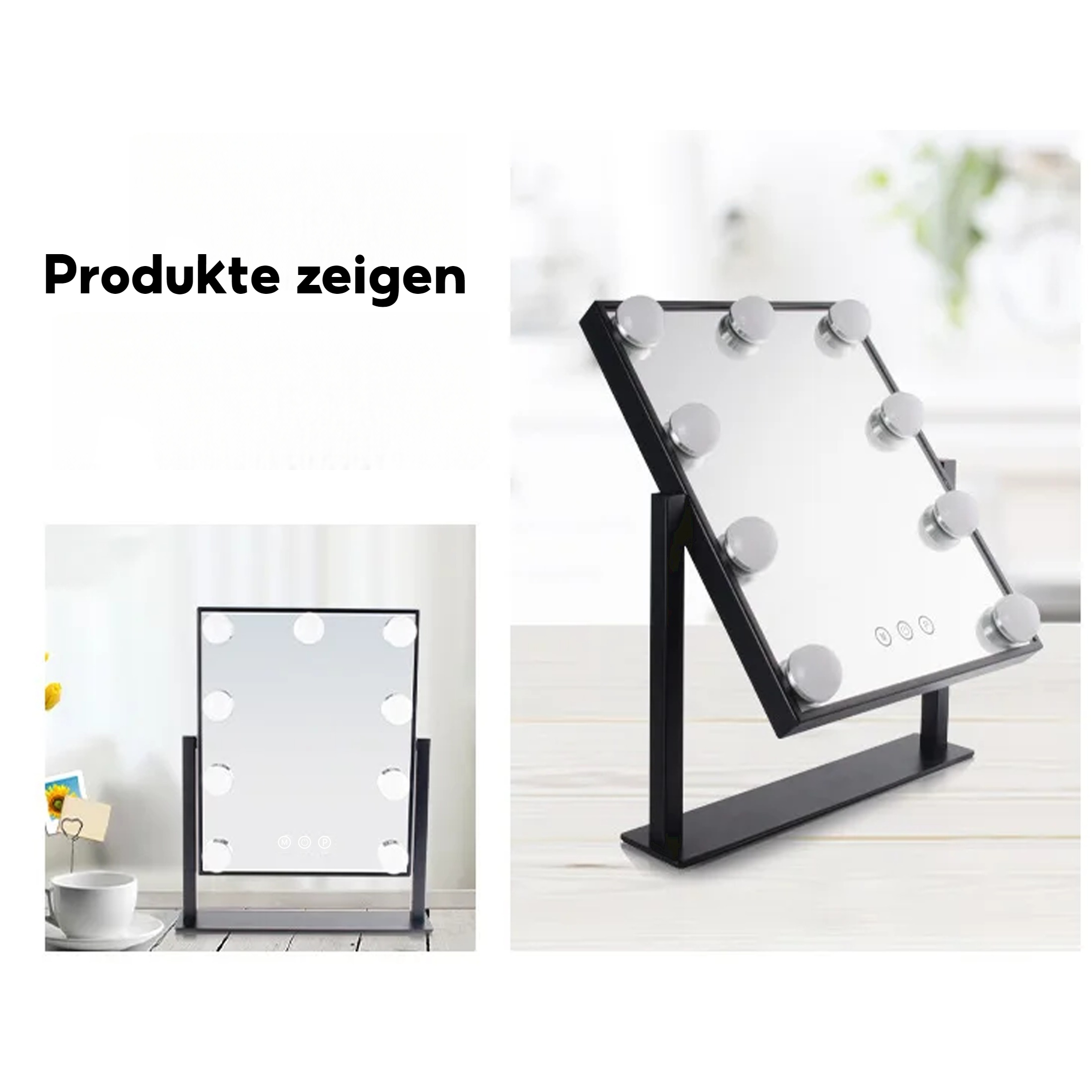 Zwei Spiegel mit Lichtern. Einer ist abgewinkelt, der andere gerade. Der Text "Produkte zeigen" links.