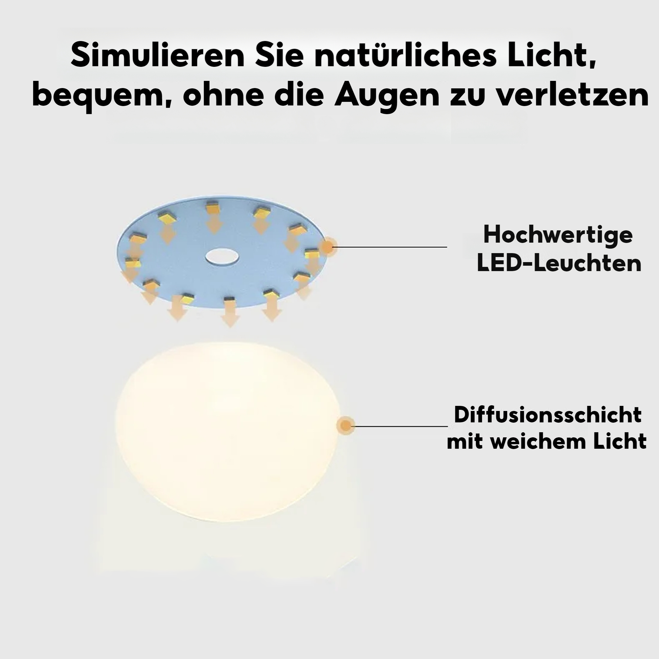Diagramm einer Lichtquelle. Es zeigt LED-Leuchten und eine Diffusionsschicht mit weichem Licht.