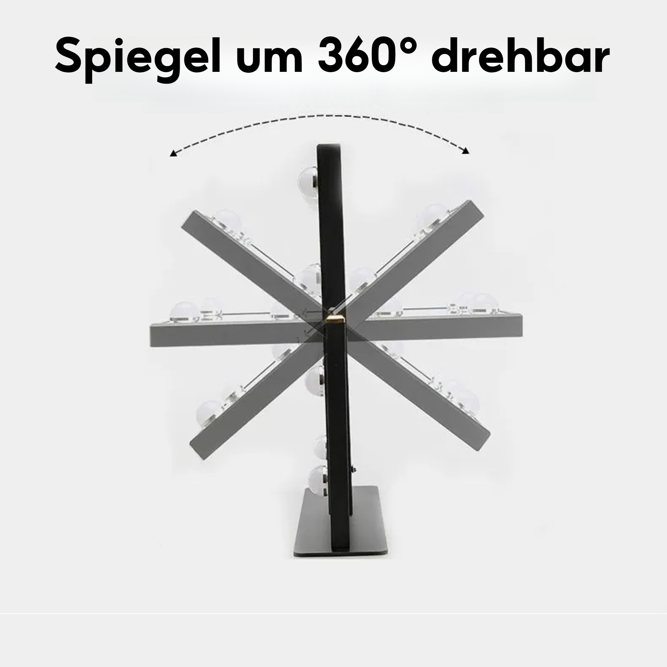 Ein Spiegel dreht sich. Der Text "Spiegel um 360° drehbar" steht darüber. Pfeile zeigen die Drehung.