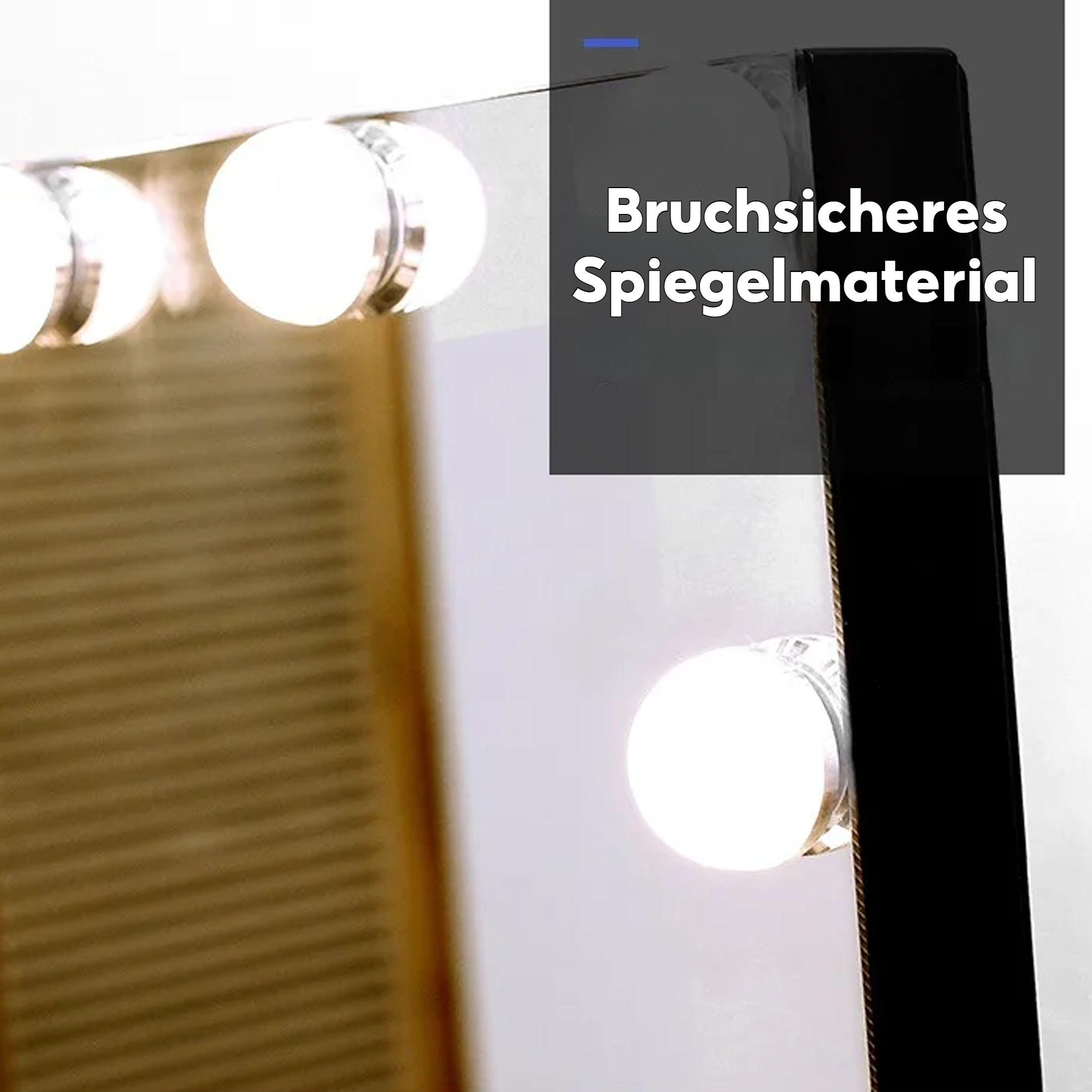 Nahaufnahme eines schwarzen Schminkspiegels mit Lichtern. Der Spiegel hat einen schwarzen Rahmen.