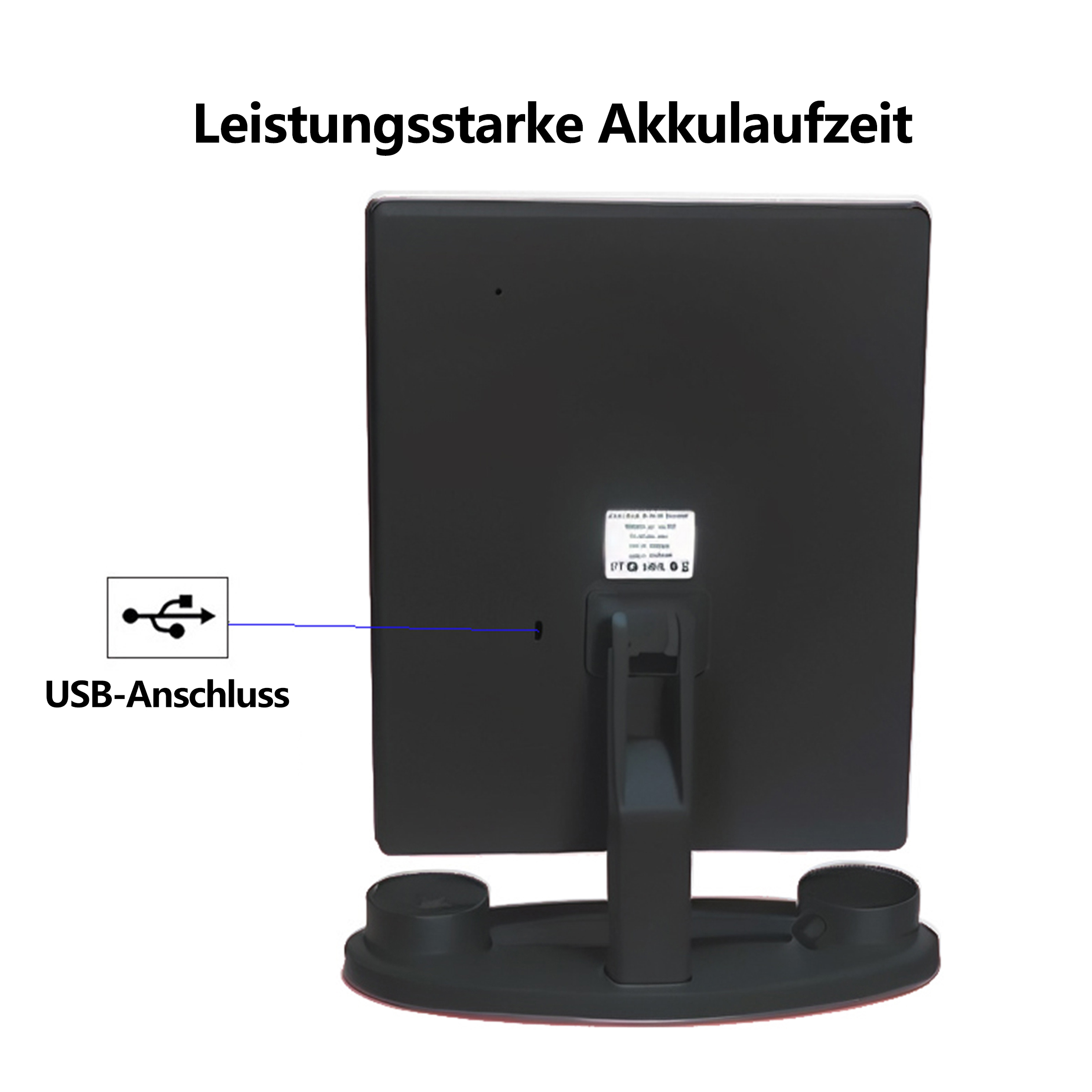 Schwarzer Spiegel mit USB-Anschluss und Ständer, Rückansicht, auf weißem Hintergrund.