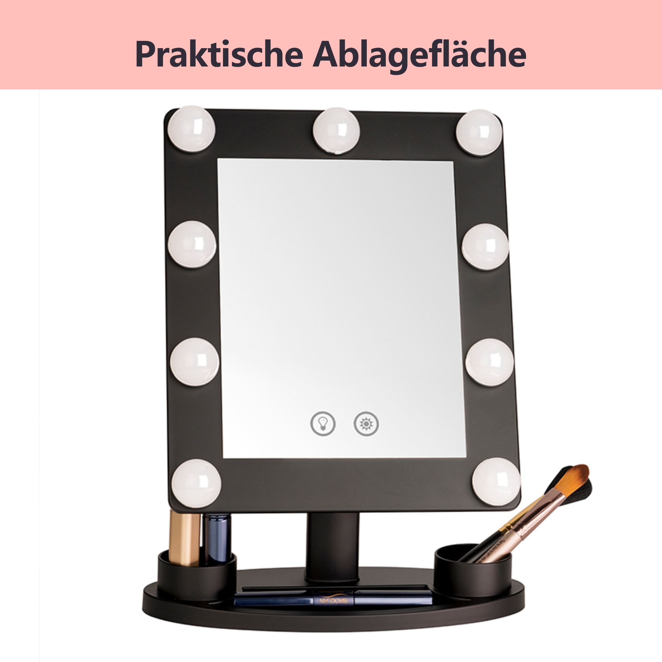 Schwarzer Schminkspiegel mit Lichtern, mit Ablage. Text "Praktische Ablagefläche" steht darüber.