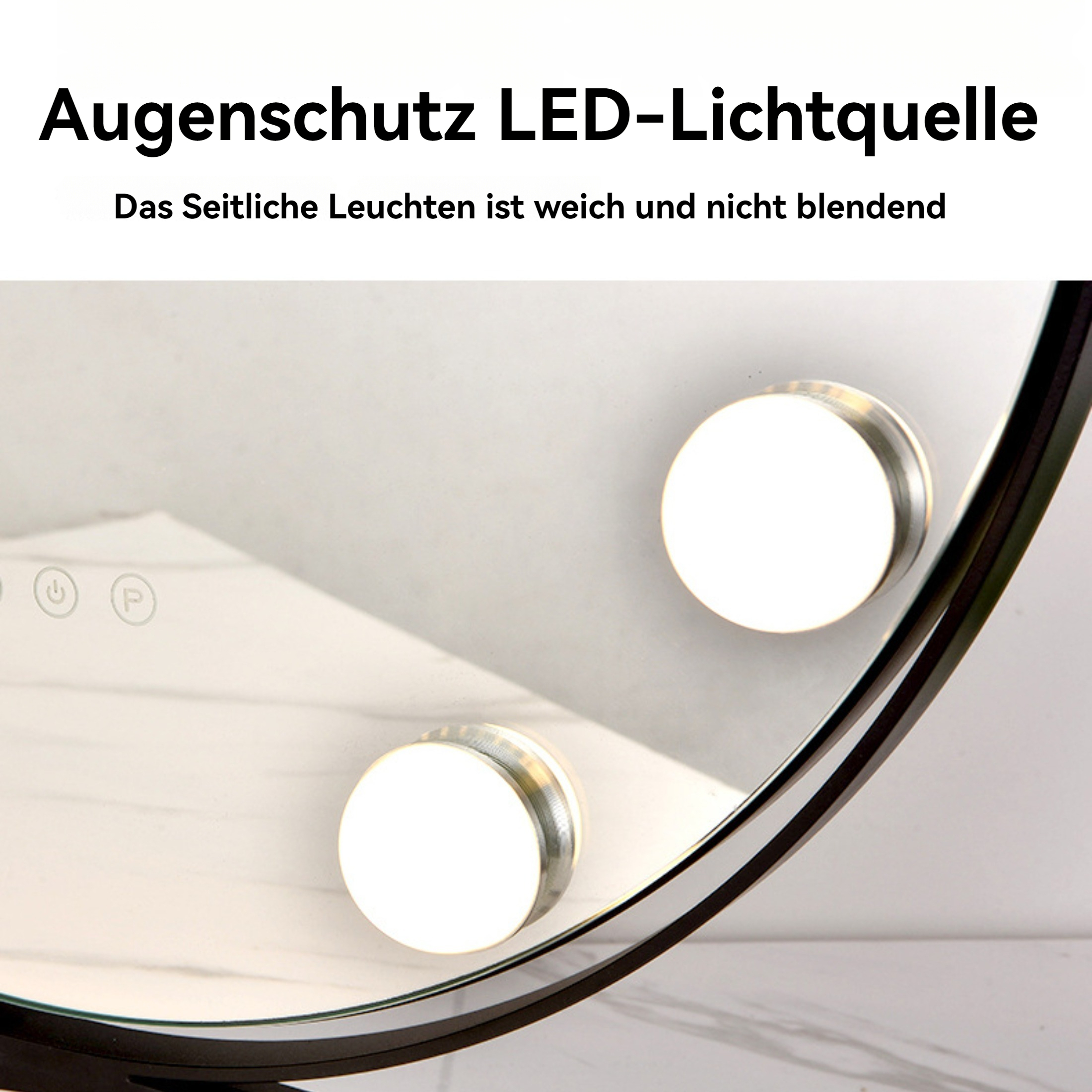 Nahaufnahme eines schwarzen Schminkspiegels mit Lichtern. Die Lichter sind weiß und der Rand des Spiegels ist schwarz.