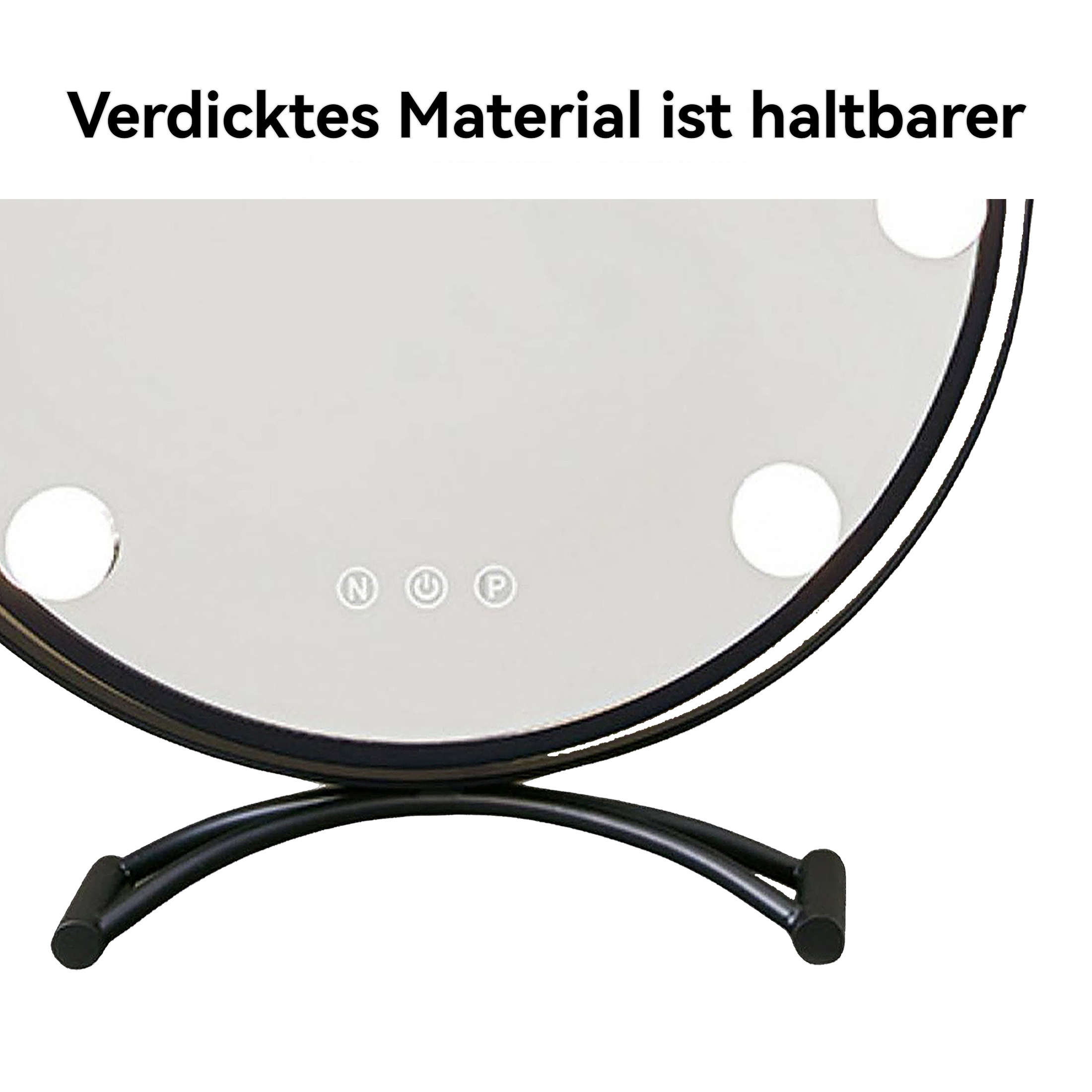 Nahaufnahme des unteren Teils eines runden schwarzen Schminkspiegels mit Lichtern. Die Basis ist sichtbar.