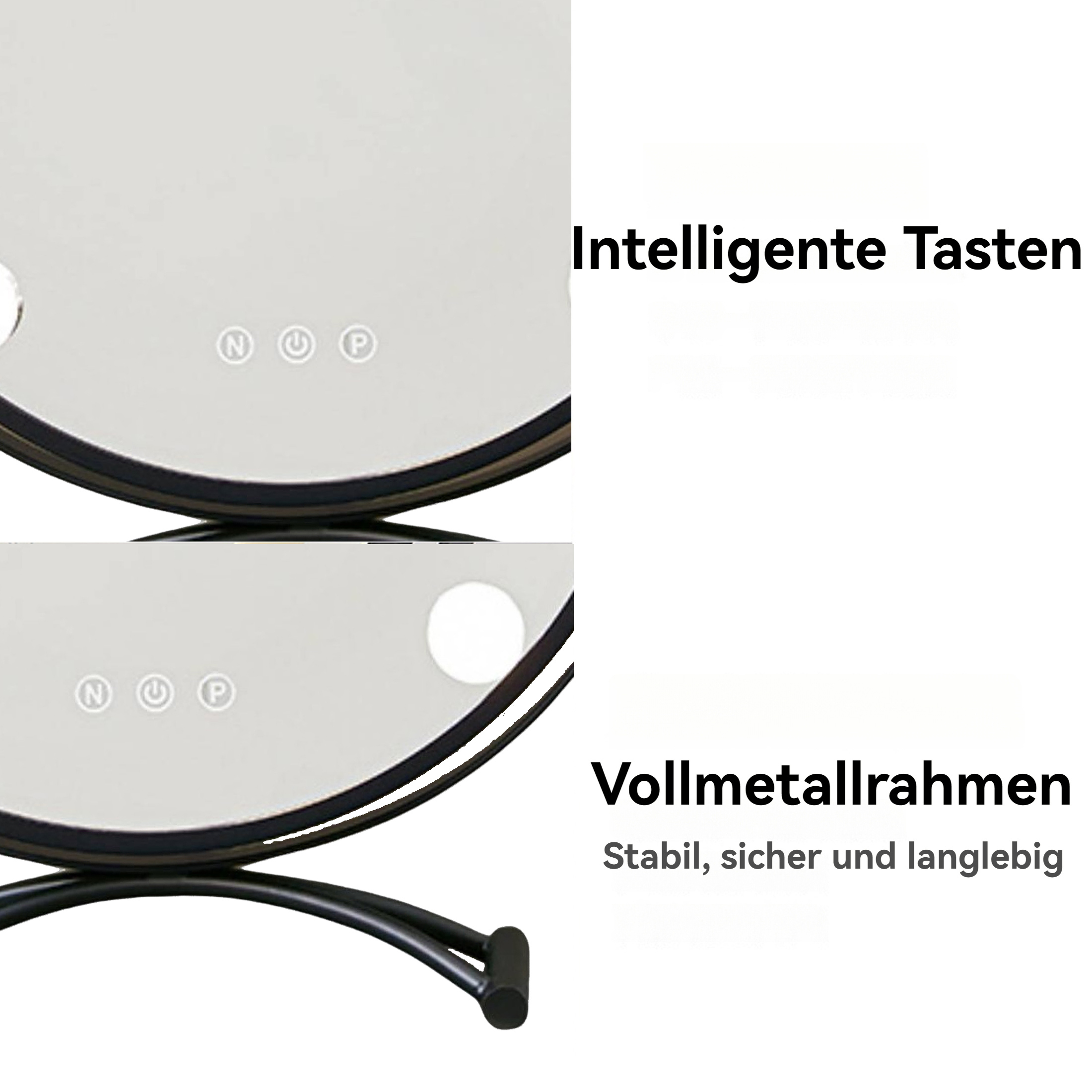 Nahaufnahme auf einen Teil eines Spiegels mit Knöpfen und einem schwarzen Rahmen. Es gibt Text über Knöpfe und den Rahmen.