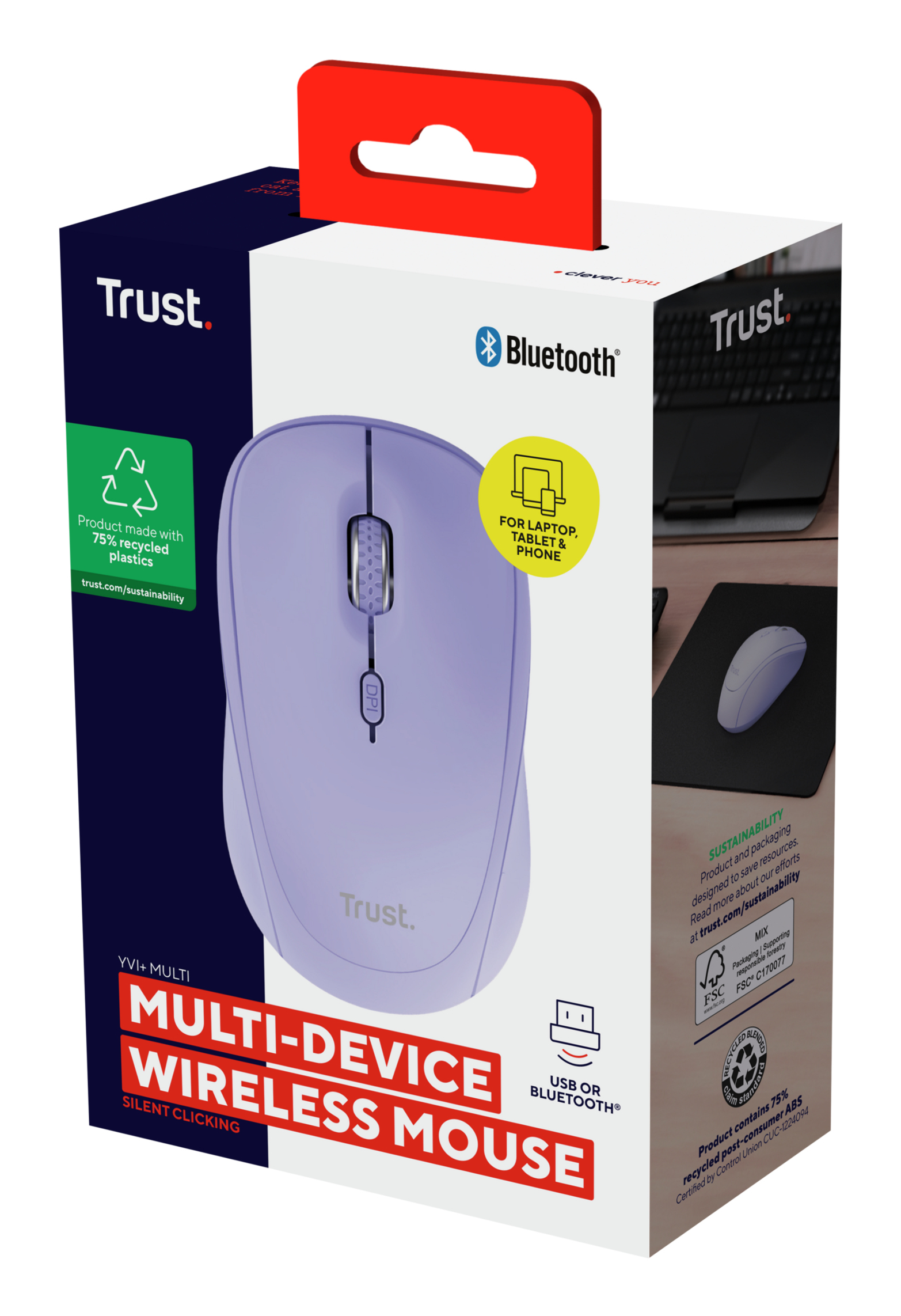 Pudełko z fioletową myszą bezprzewodową. Tekst na pudełku: "Multi-Device Wireless Mouse". Pudełko jest białe.
