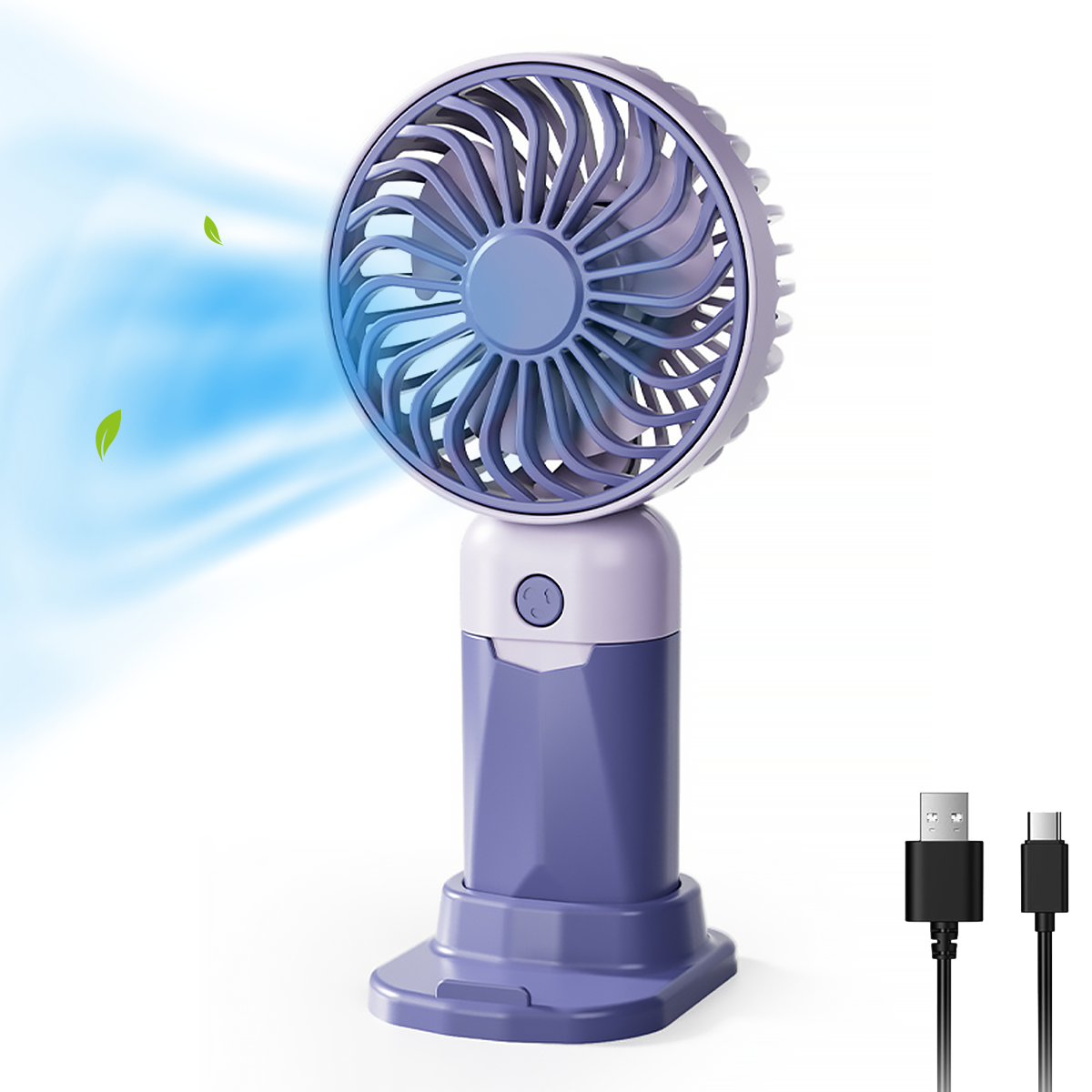 Ein lila-weißer tragbarer Ventilator mit blauem Flügelrad. Ein Paar USB-C-Kabel sind sichtbar.