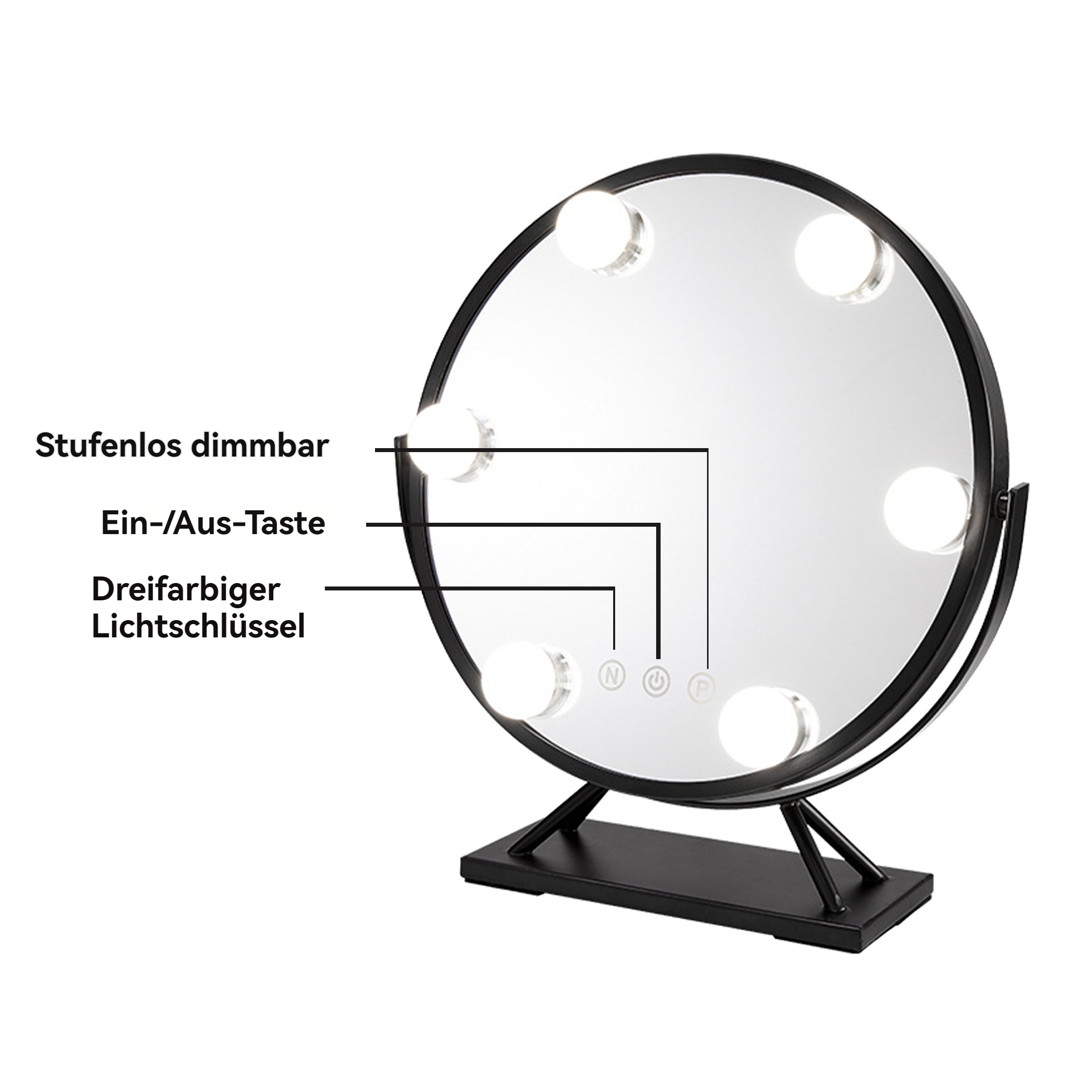 Schwarzer Schminkspiegel mit Lichtern. Der Spiegel hat Tasten mit der Aufschrift N, U und P, und steht auf schwarzer Basis.