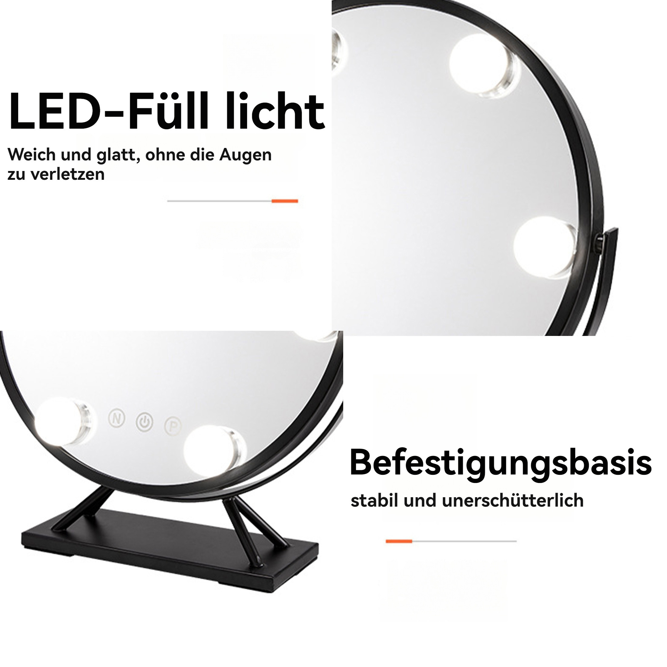 Runder schwarzer Schminkspiegel mit Lichtern. Text oben und unten. Der Spiegel hat einen schwarzen Sockel.