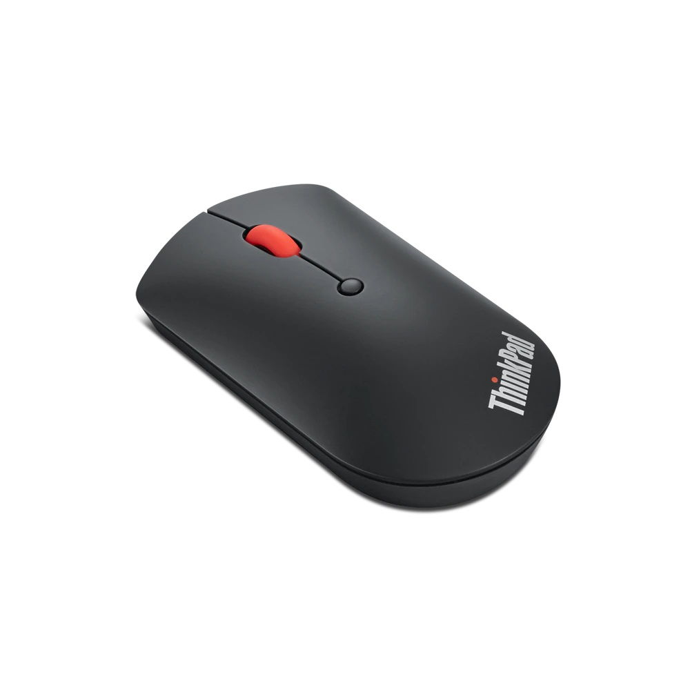 Black ThinkPad mouse with a red scroll wheel. The mouse is on a white background.