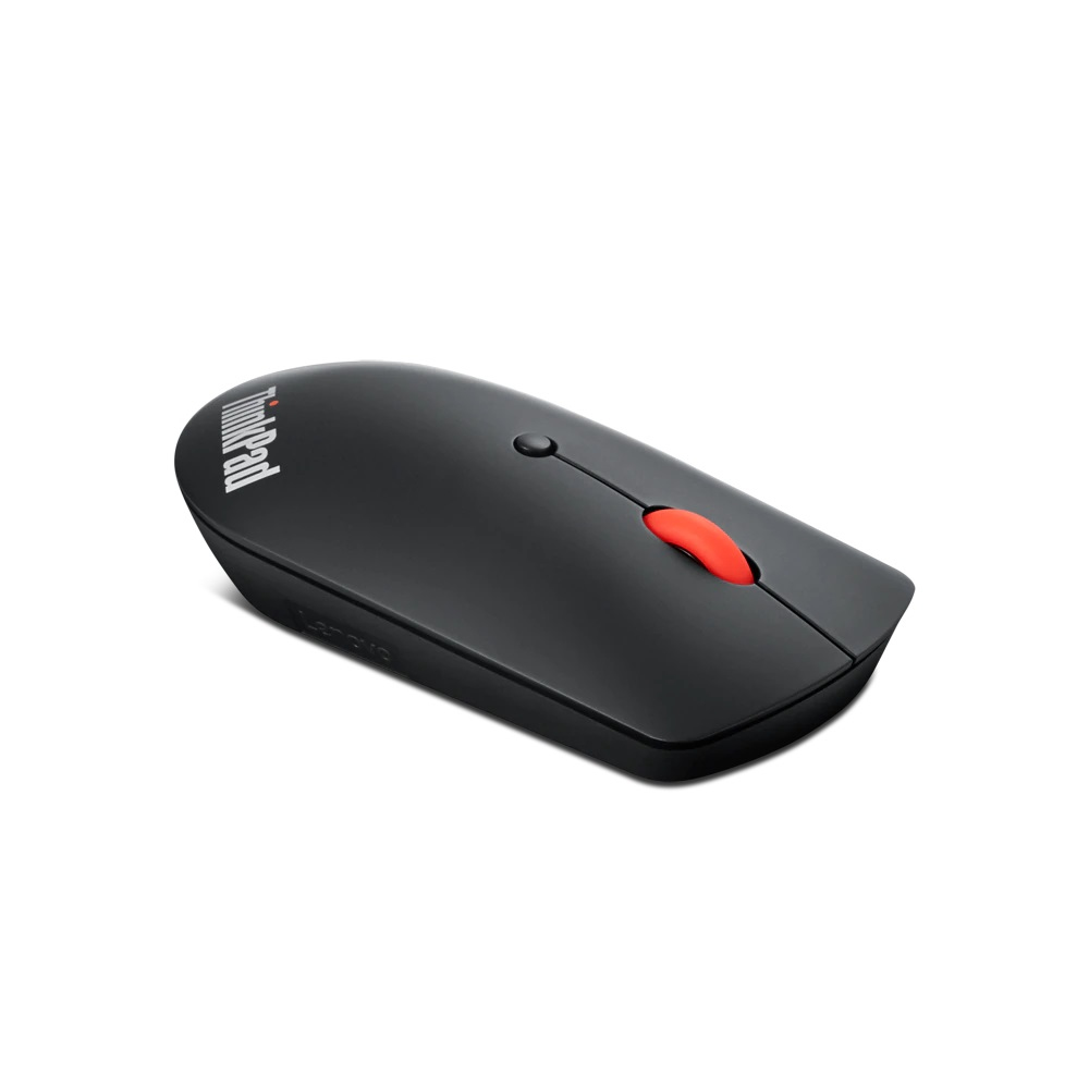 Black ThinkPad mouse with a red scroll wheel. The mouse is on a white background.