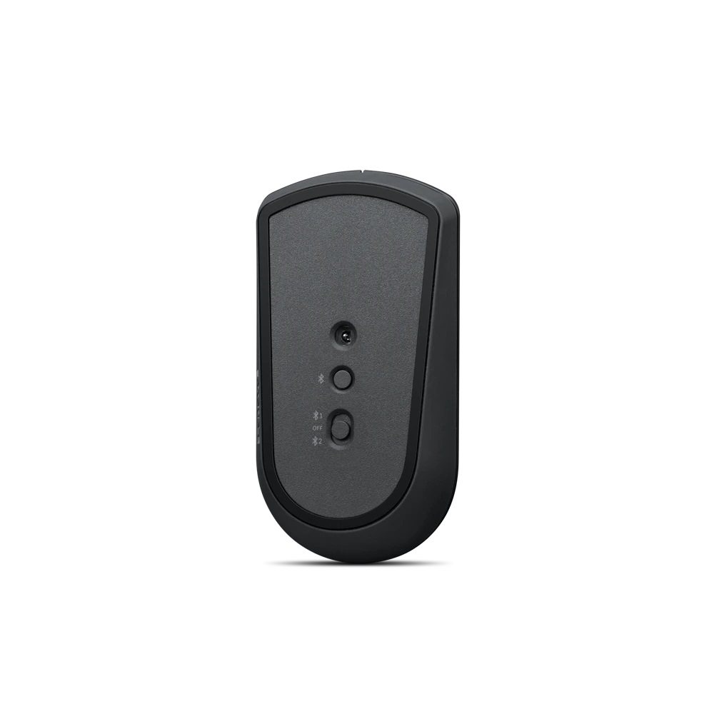 Bottom of a black ThinkPad mouse. It has an on/off switch and a button. The back is dark gray.