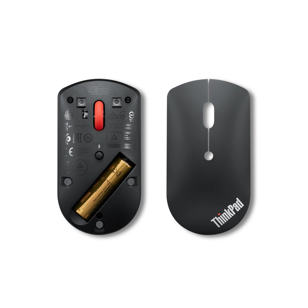The bottom of a ThinkPad mouse. A battery is visible. The top part of the mouse is black.
