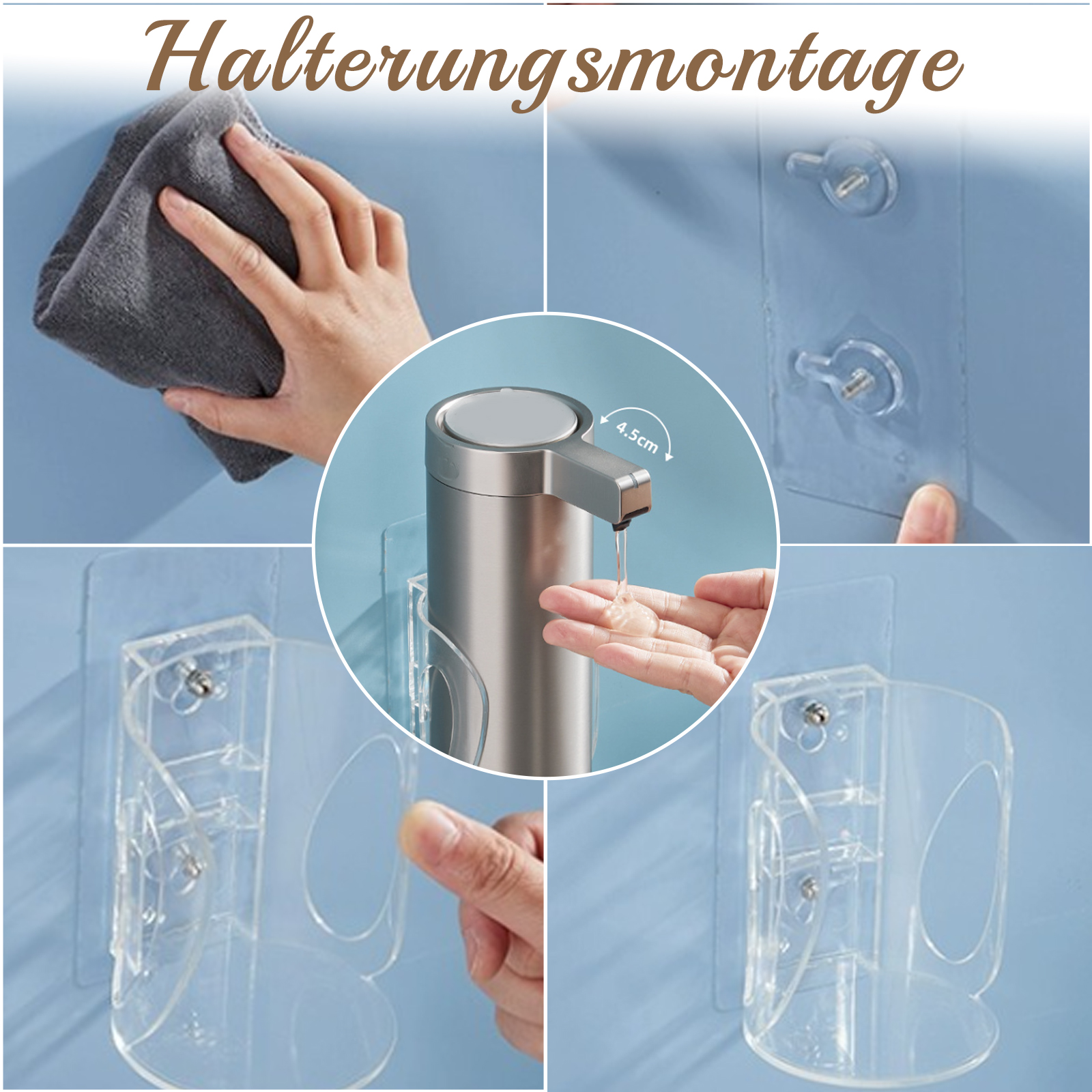 Ein Seifenspender aus Stahl wird montiert. Enthält einen transparenten Kunststoffhalter und Anweisungen.