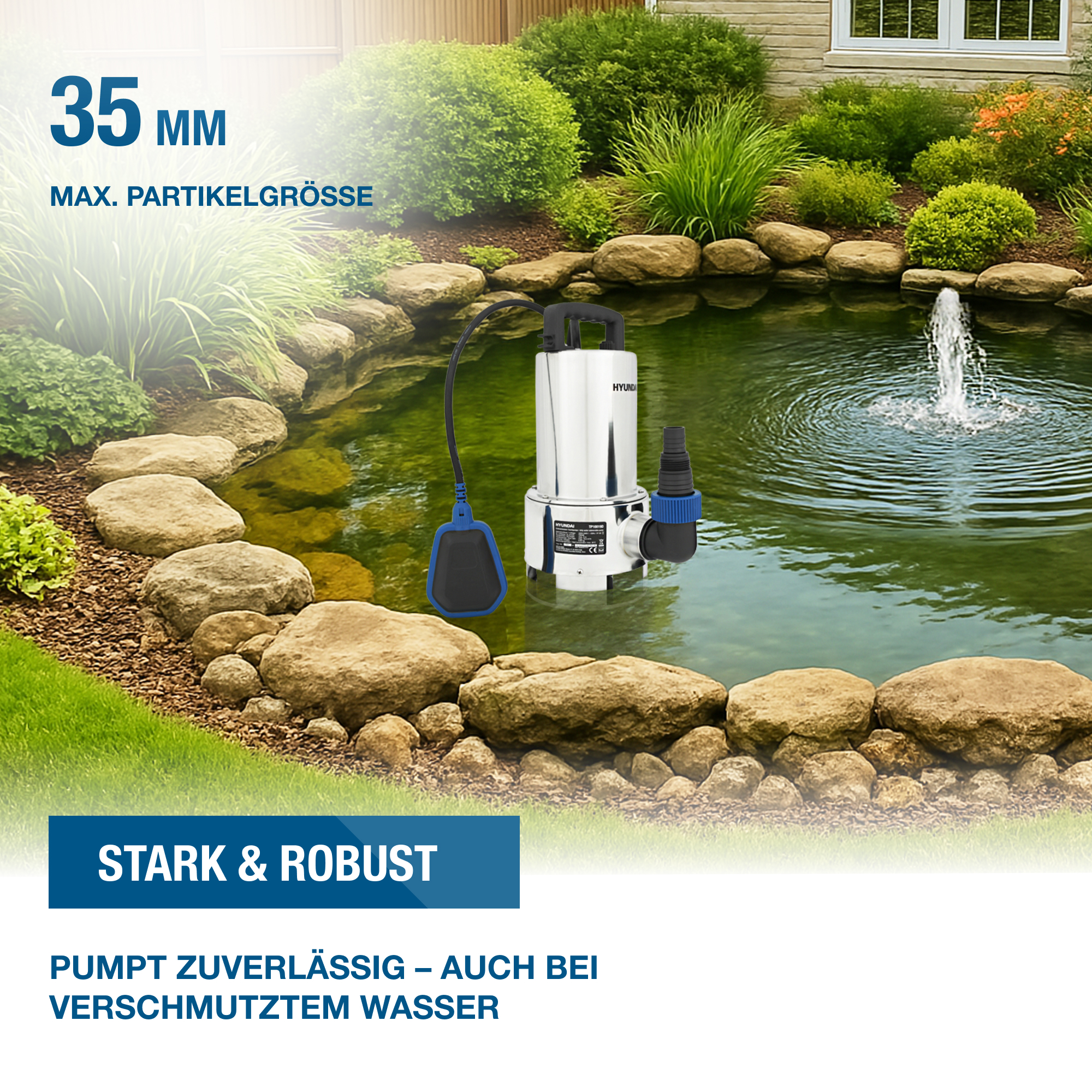 Eine Wasserpumpe in einem Teich mit einem Springbrunnen. Es ist von Felsen und Grün umgeben und hat ein starkes, robustes Design.
