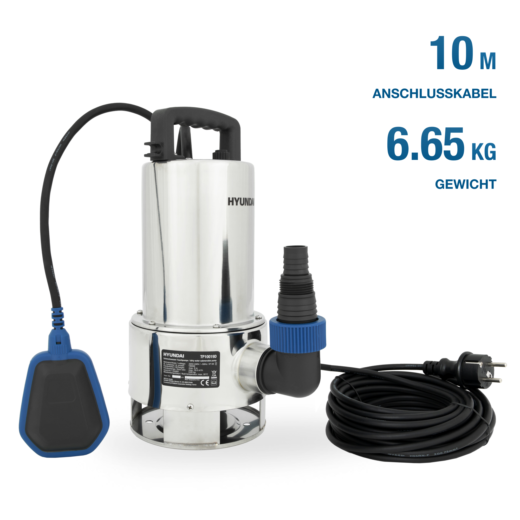 Wasserpumpe aus Edelstahl mit langem Netzkabel und Text, der Gewicht und Kabellänge angibt.