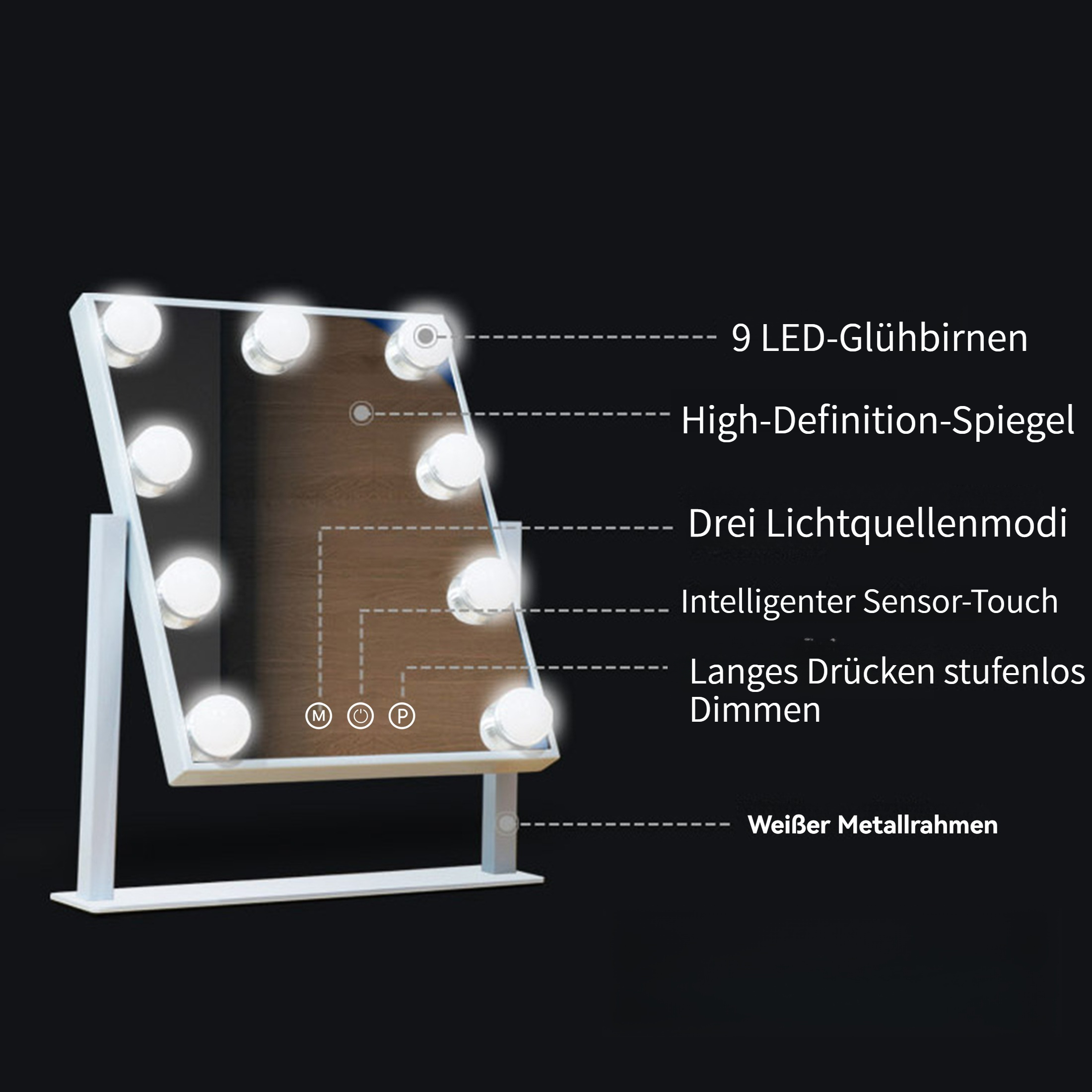 Beleuchteter Schminkspiegel mit Lichtern. Weißer Rahmen, beschriftete Funktionen.
