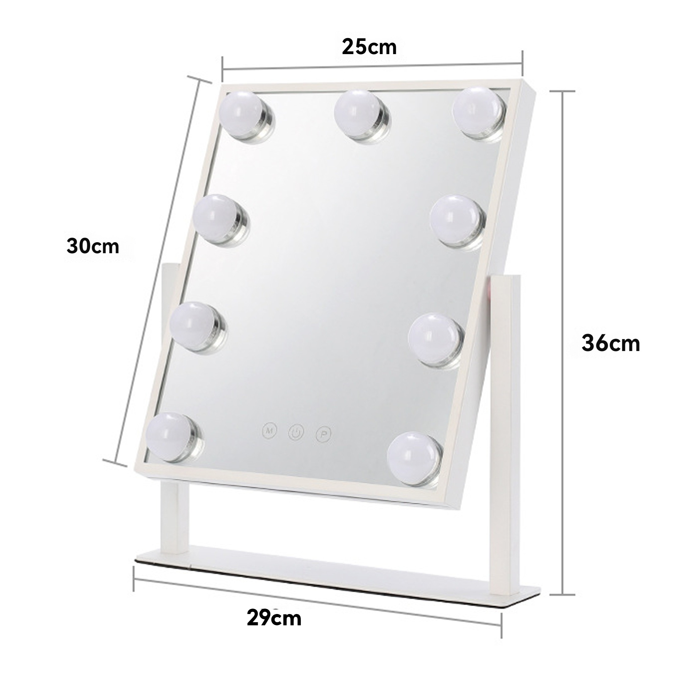 Ein Schminkspiegel mit Lichtern, der Abmessungen zeigt: 25 cm Breite, 30 cm Höhe, 36 cm Gesamthöhe und 29 cm Basis.