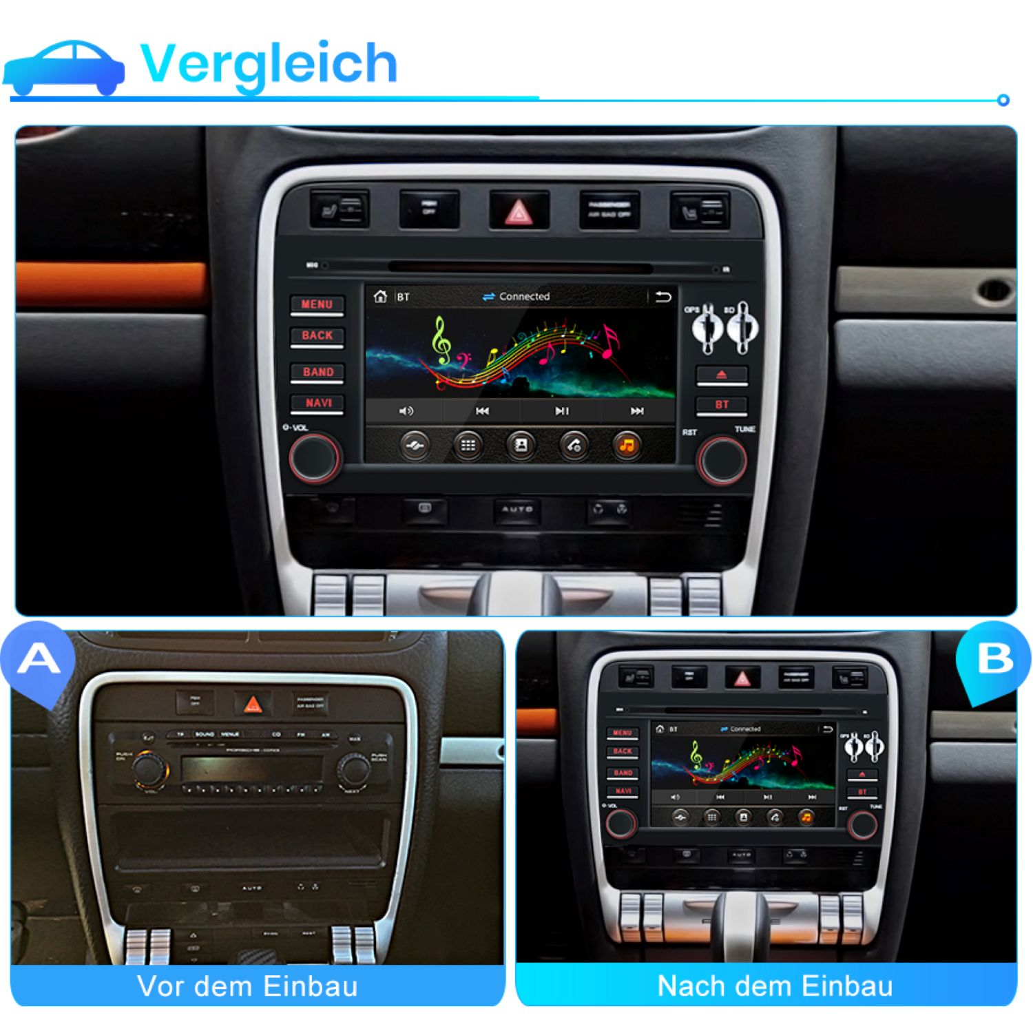 Ein Vergleich von zwei Autoradiosystemen, eines vor und eines nach der Installation, mit einer angezeigten Musikoberfläche.