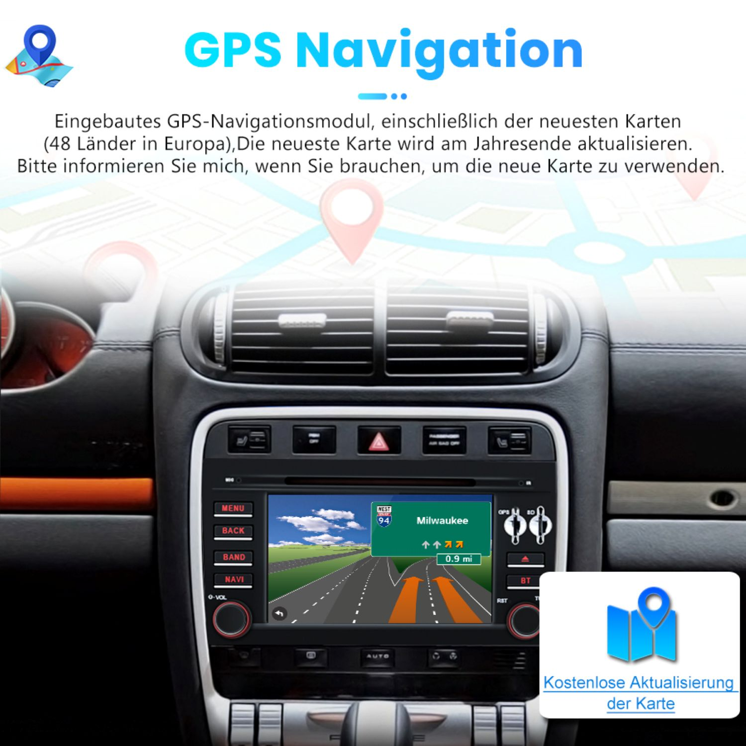Ein Bildschirm im Armaturenbrett eines Autos zeigt eine Karte mit GPS-Navigation an. Der Text beschreibt die GPS-Navigationsfunktion.