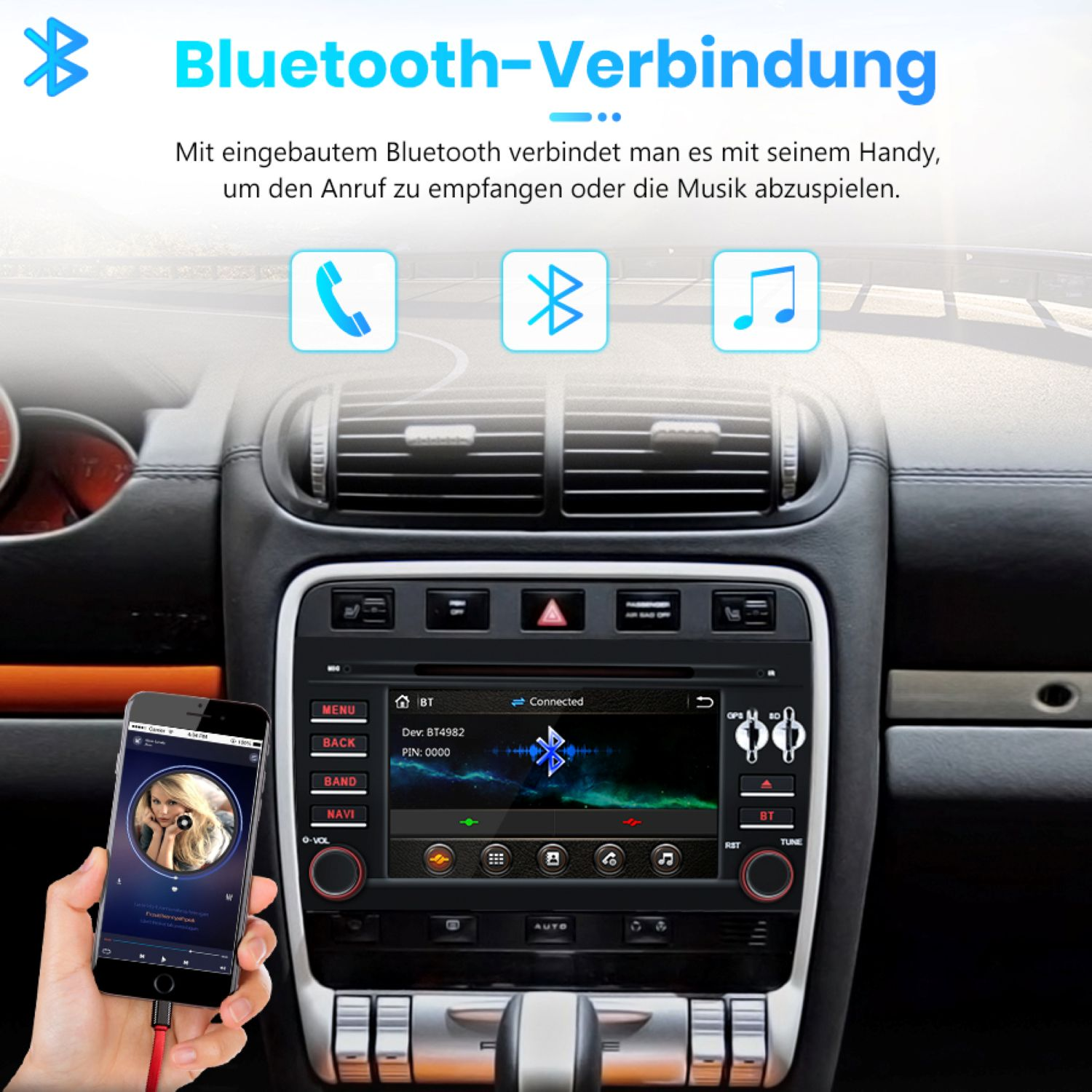 Ein Autoradio-Bildschirm zeigt ein über Bluetooth verbundenes Telefon. Eine Hand hält ein Telefon mit einer Musik-App.