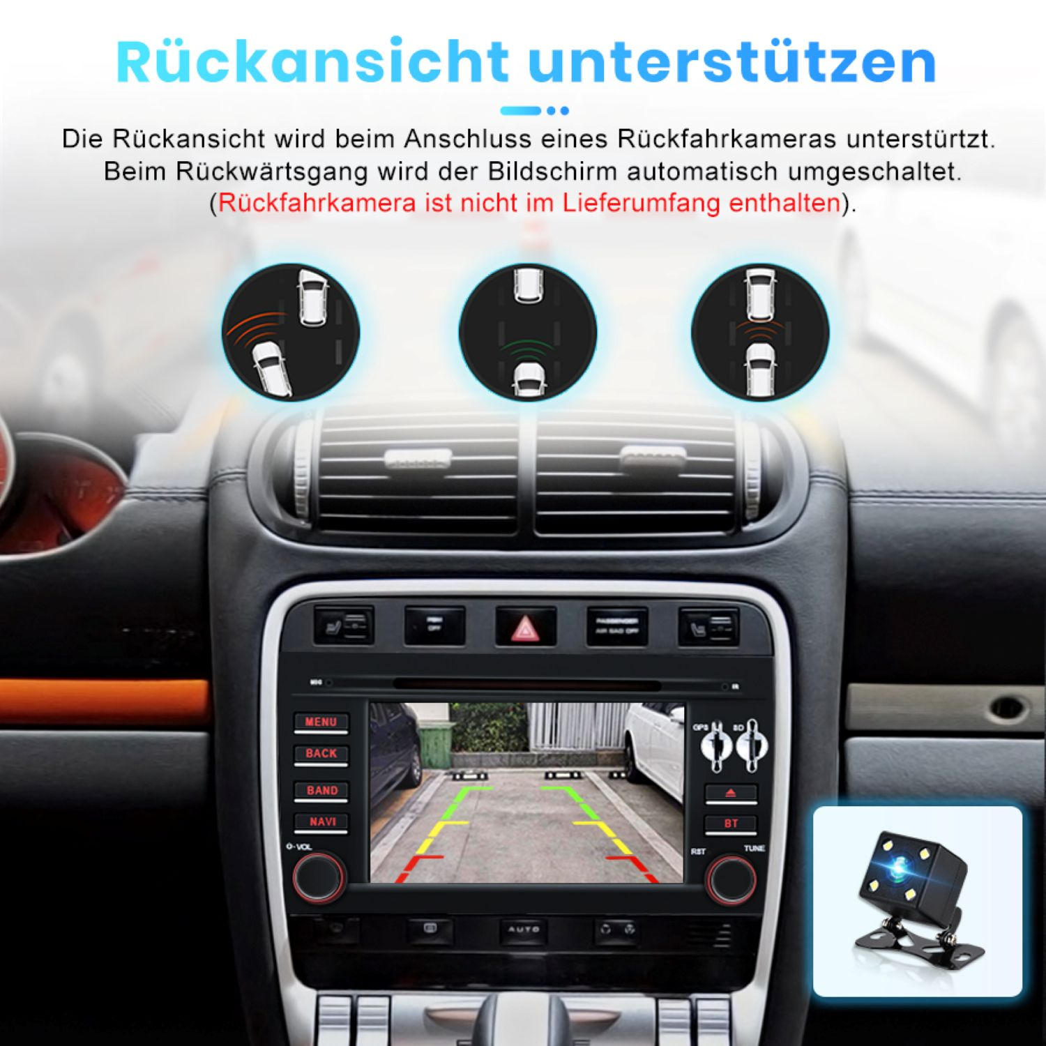 Ein Autoradio-Bildschirm zeigt eine Rückfahrkamera-Anzeige. Das Bild zeigt das Rückwärtsfahren des Autos mit Sensoren.