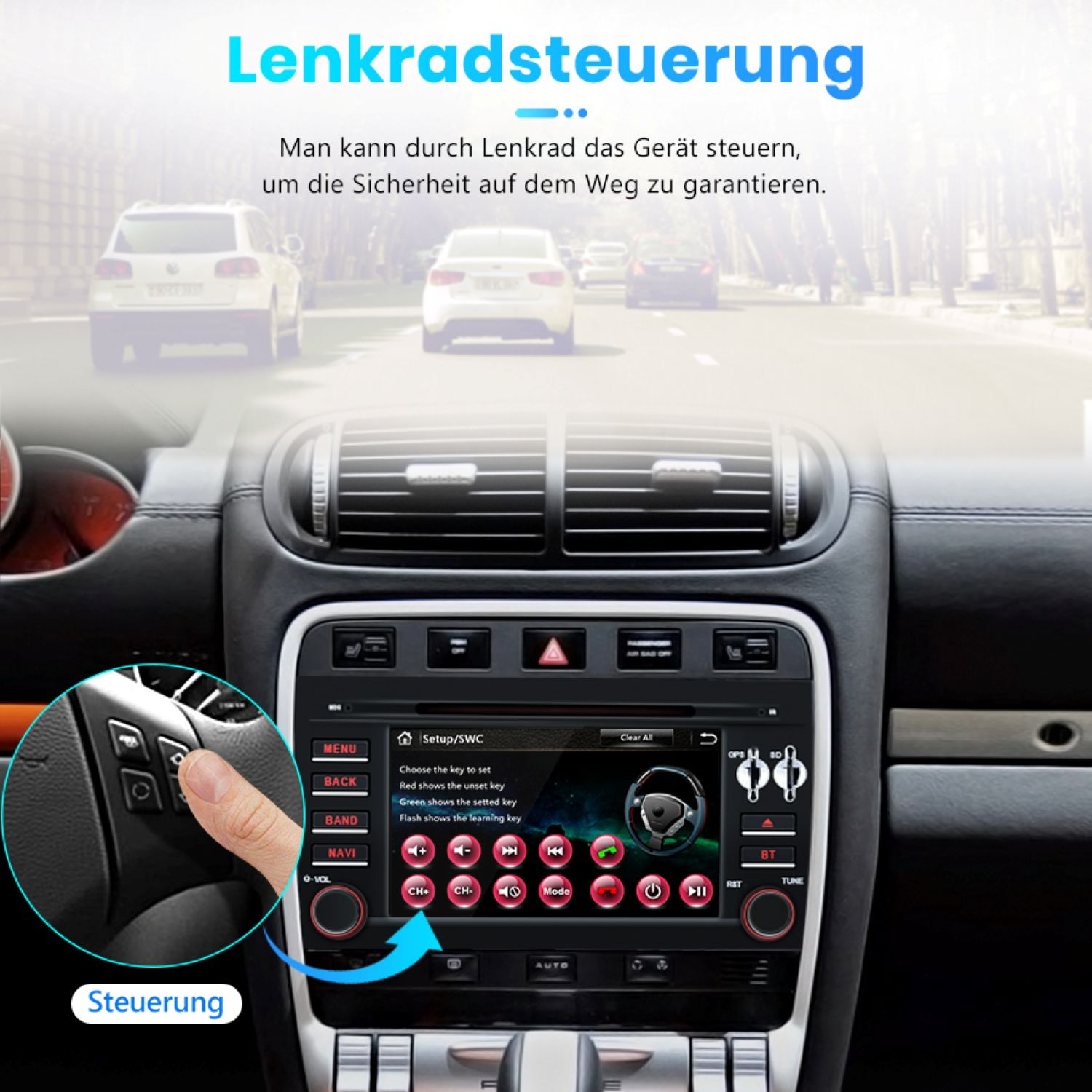 Ein Armaturenbrett mit Hand an der Lenkradsteuerung und einem Bildschirm.