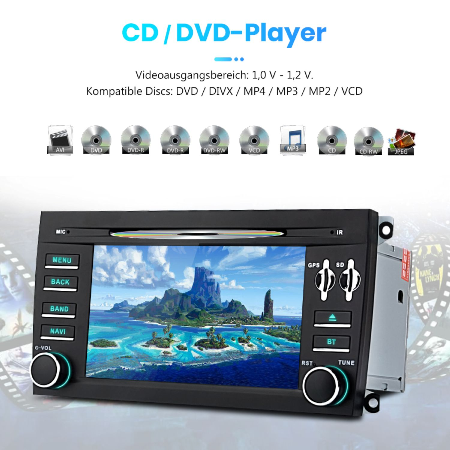 Ein Auto-Multimediasystem mit Bildschirm und Knöpfen. CD/DVD-Player-Text oben.