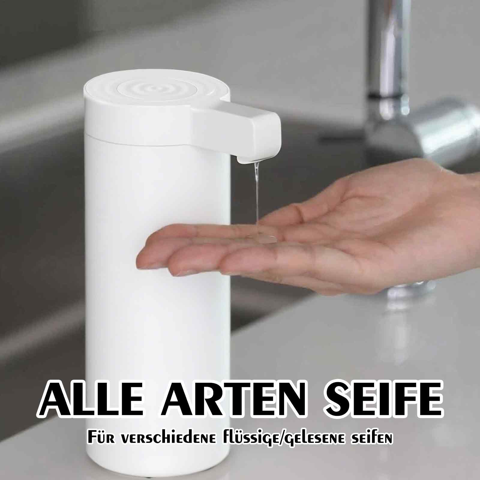 Weißer automatischer Seifenspender mit einer Hand darunter. Text auf Deutsch: 'Alle Arten von Seife'.