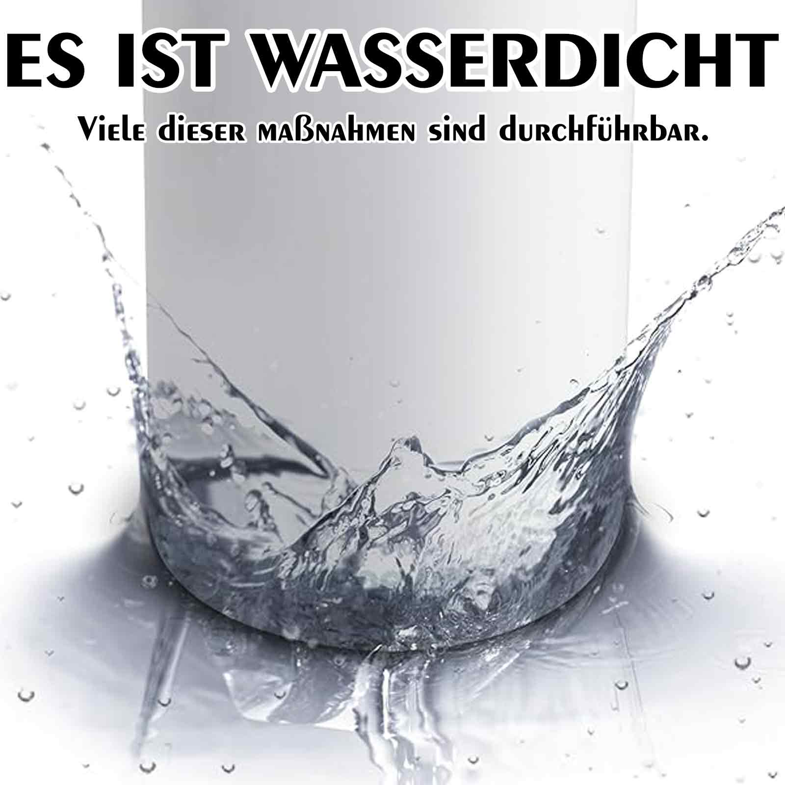 Wasser spritzt um einen weißen Behälter. Text: 'Es ist wasserdicht'. Wassertropfen und Spritzer.