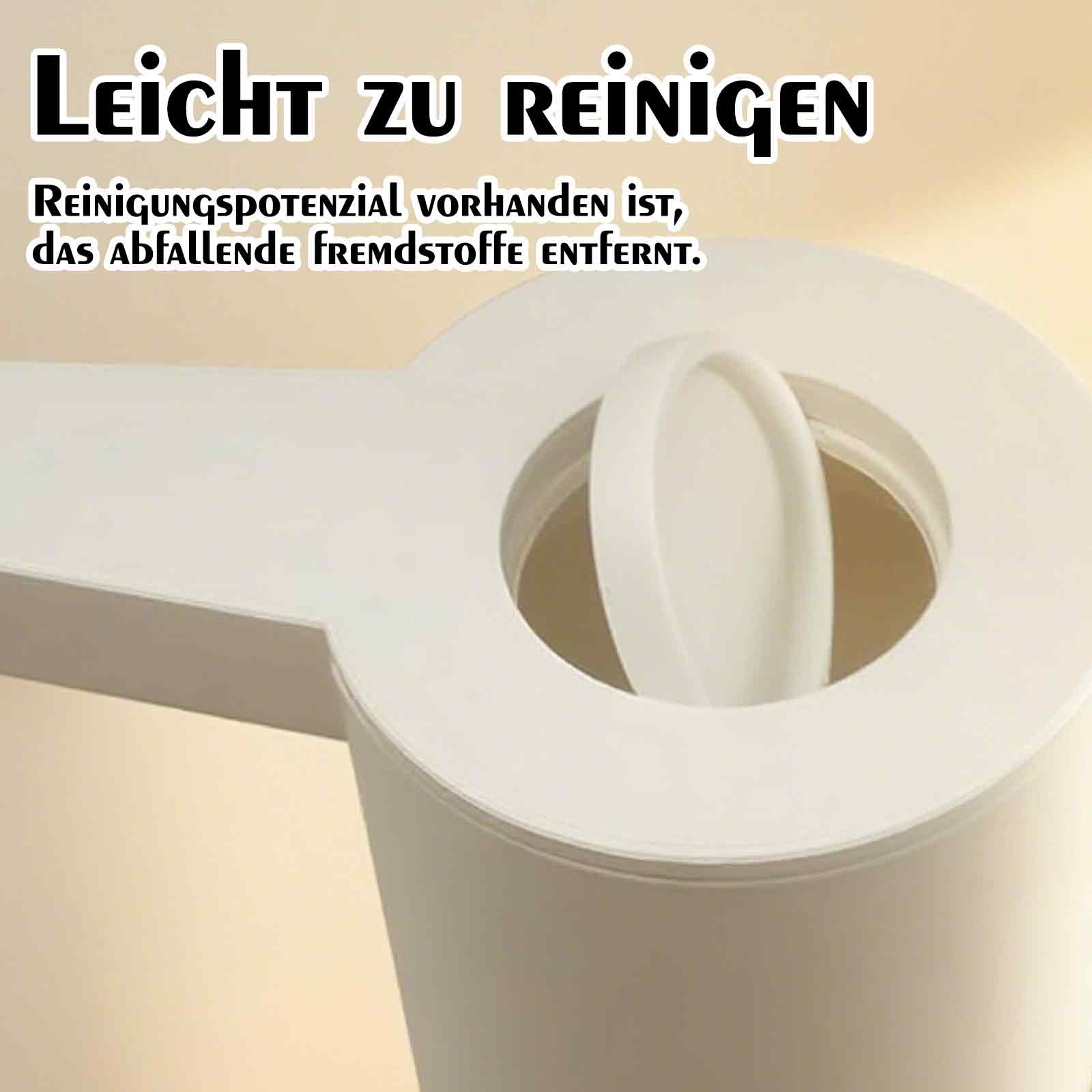 Nahaufnahme eines weißen Spenders. Text: 'Leicht zu reinigen'. Deckel geöffnet, zeigt das Innere.