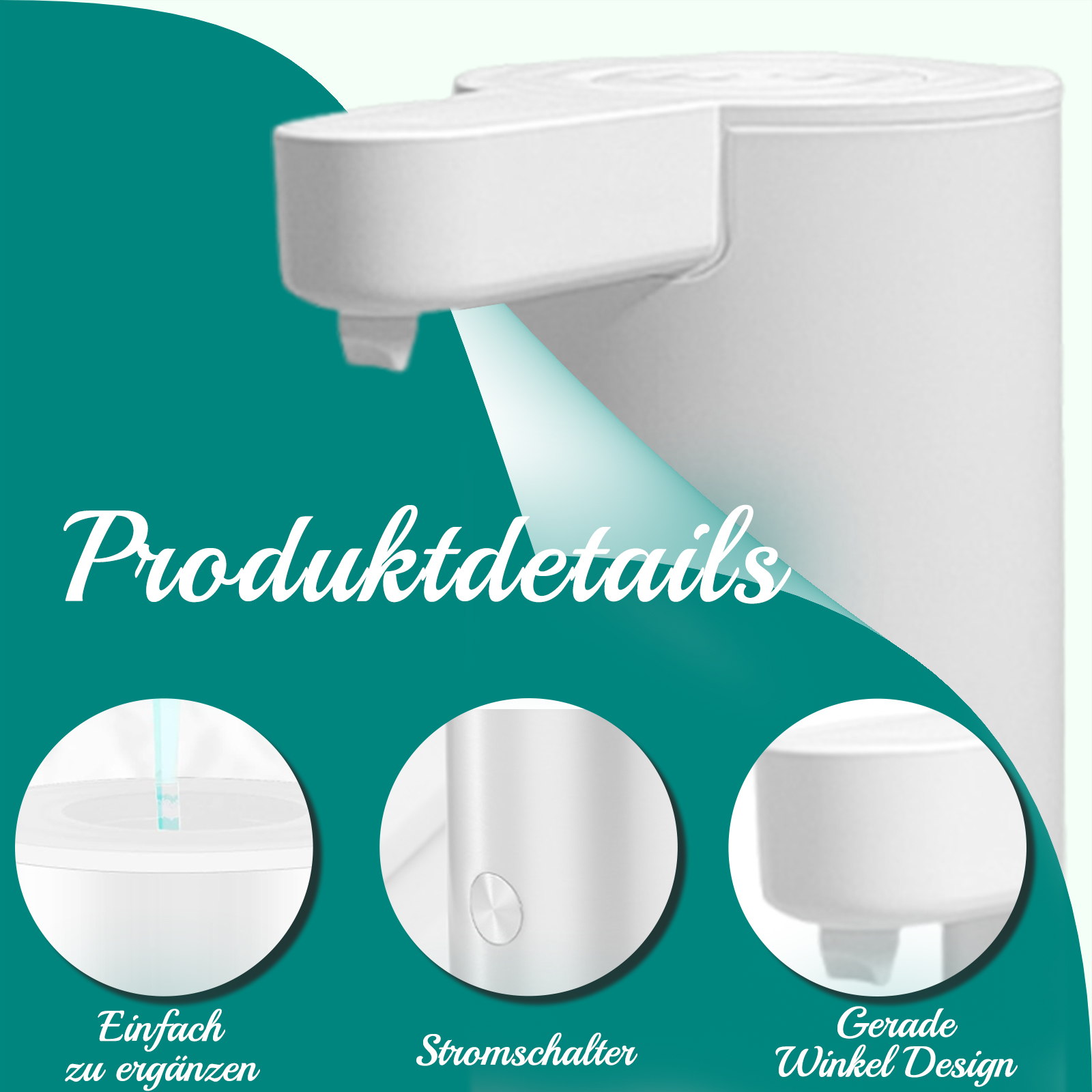 Nahaufnahme eines weißen Seifenspenders mit Produktdetails darunter.