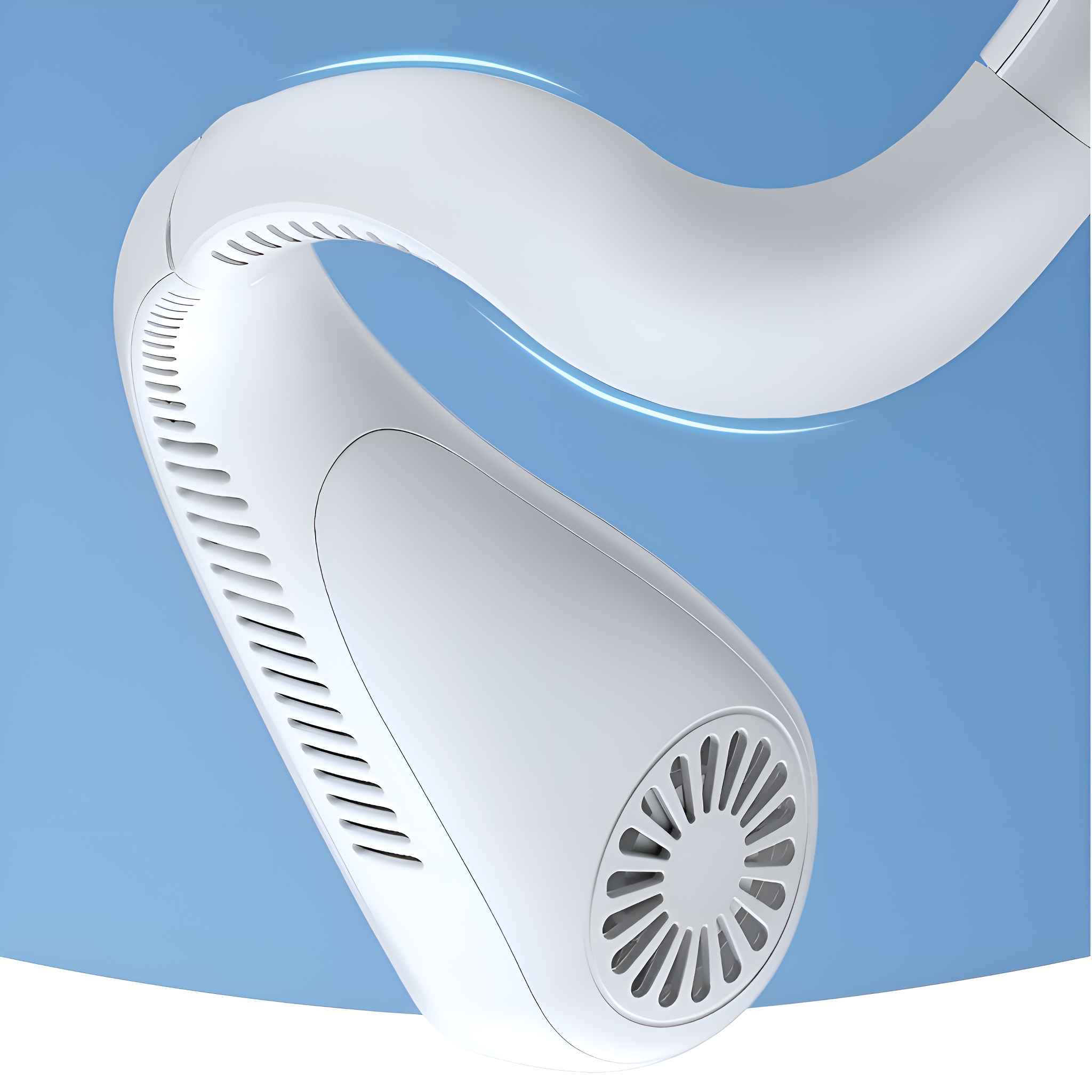 Nahaufnahme eines weißen Nackenventilators mit blauem Hintergrund.