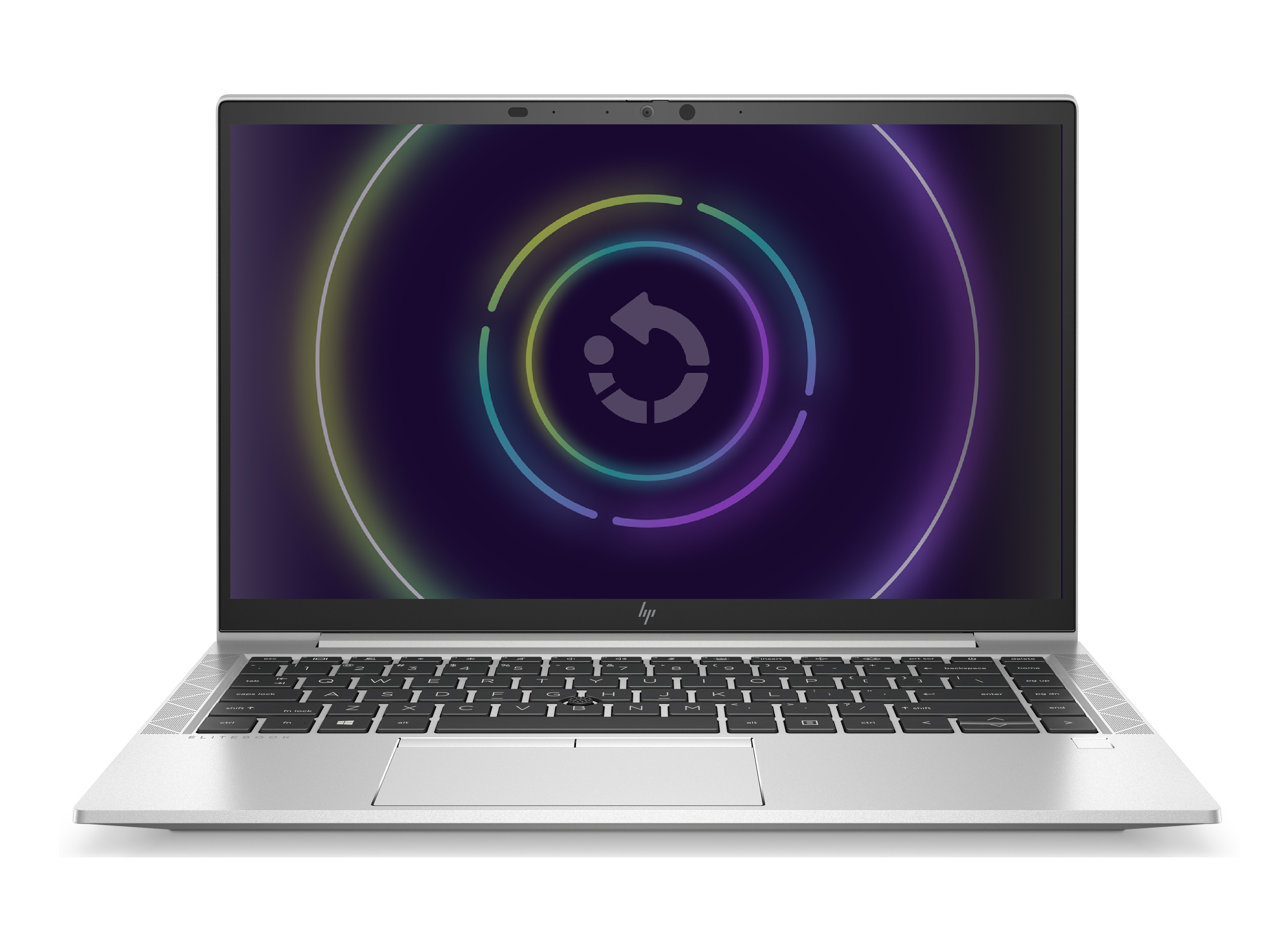 Silberner Laptop mit einem Bildschirm, der ein farbenfrohes kreisförmiges Design und eine Tastatur am unteren Rand zeigt.