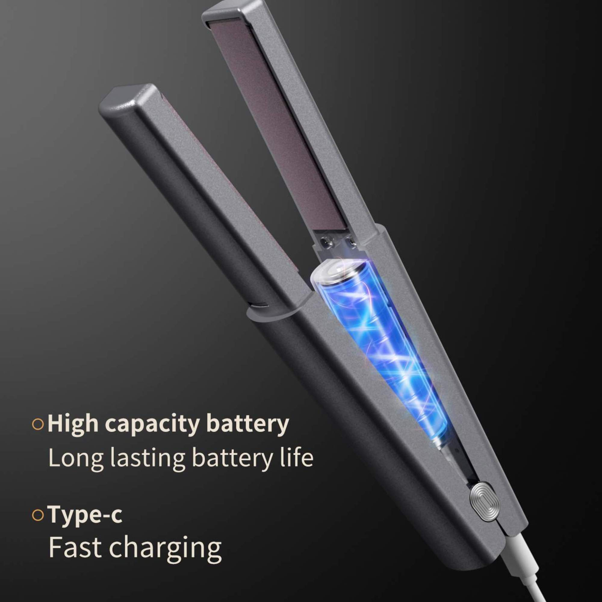 Haarglätter mit grauem Gehäuse und einer Batterie im Inneren. Der Text lautet: Hochleistungsbatterie. Lange Akkulaufzeit.