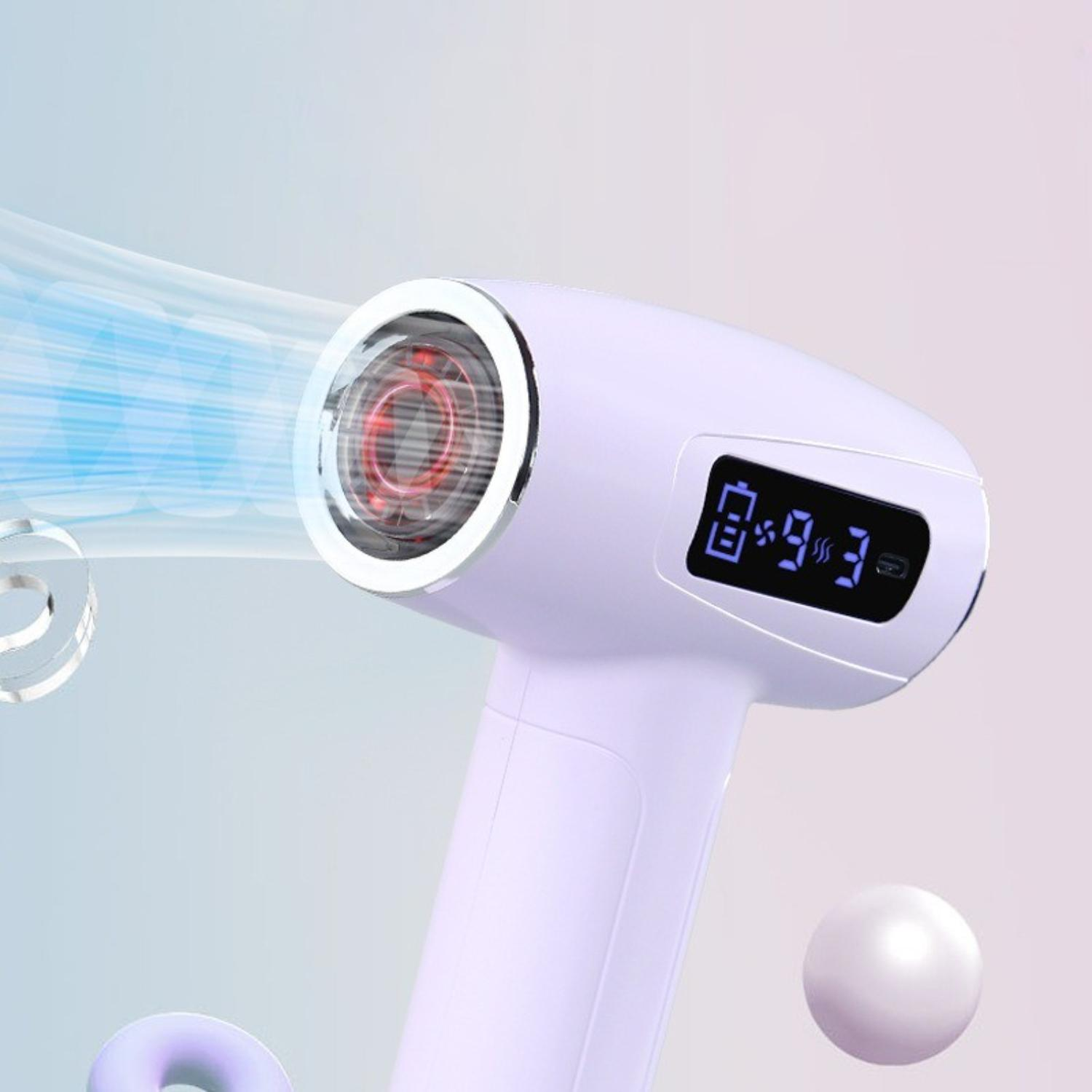 Ein weißes Handgerät mit einem Display, rotem Licht und einem Griff. Es projiziert Luft.