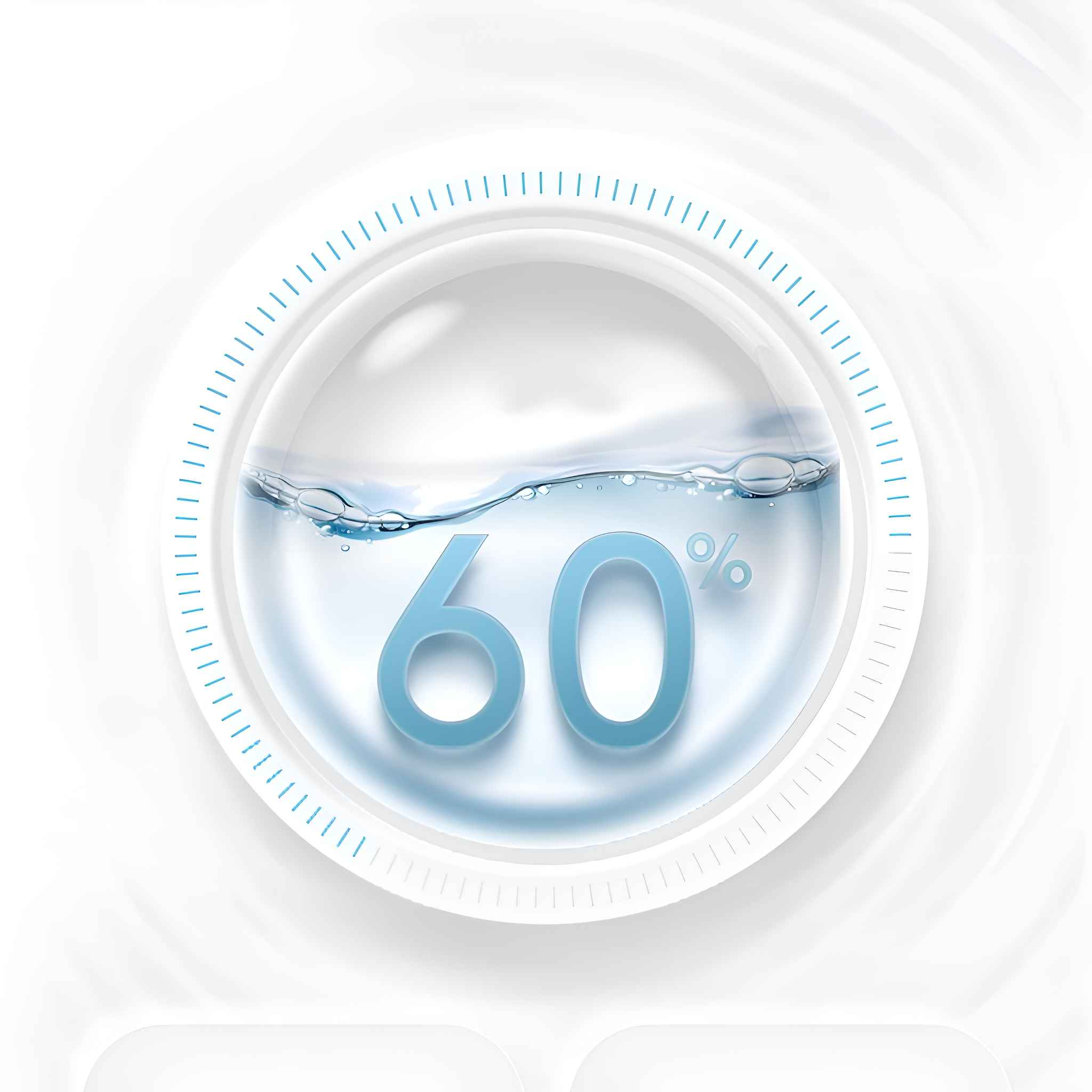 Nahaufnahme eines Messgeräts, das 60 % Wasserstand anzeigt. Blaue Ziffern in einem transparenten Kreis.