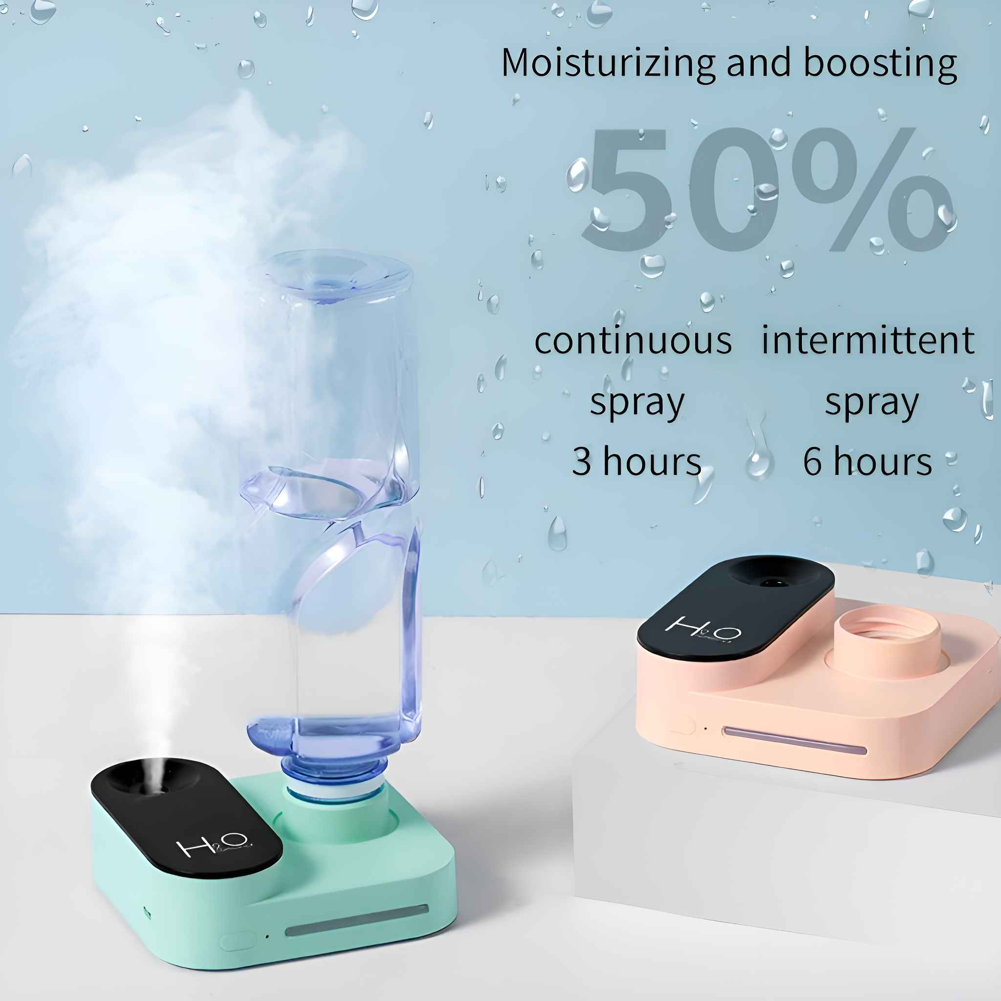 Zwei Luftbefeuchter, einer mintgrün mit Wasserbehälter, der andere rosa. Text sagt '50%'. 