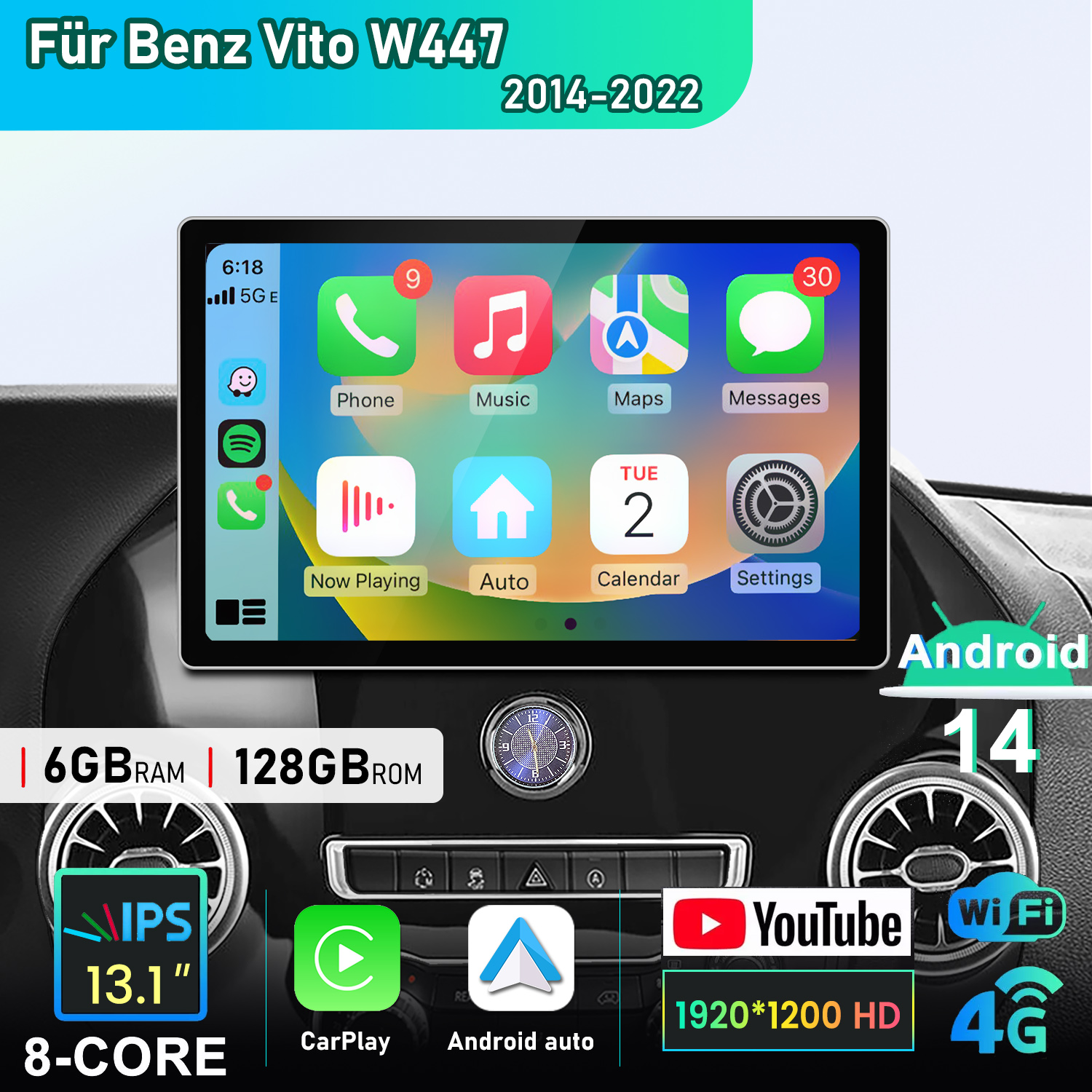 Ein Auto-Dashboard-Bildschirm, der eine Telefon-App, Musik, Karten und Nachrichten zeigt. Android 14.