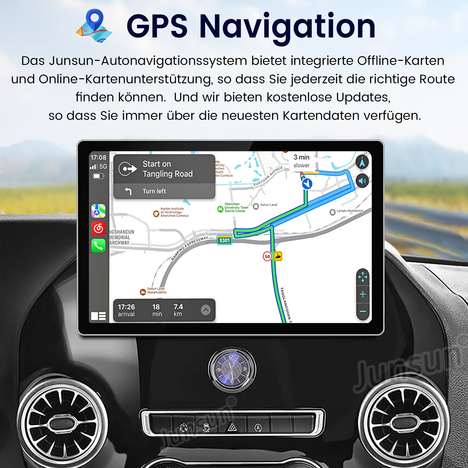Auto-Navigationsbildschirm mit Karte, Route und Wegbeschreibung. Das Armaturenbrett hat runde Lüftungsschlitze.