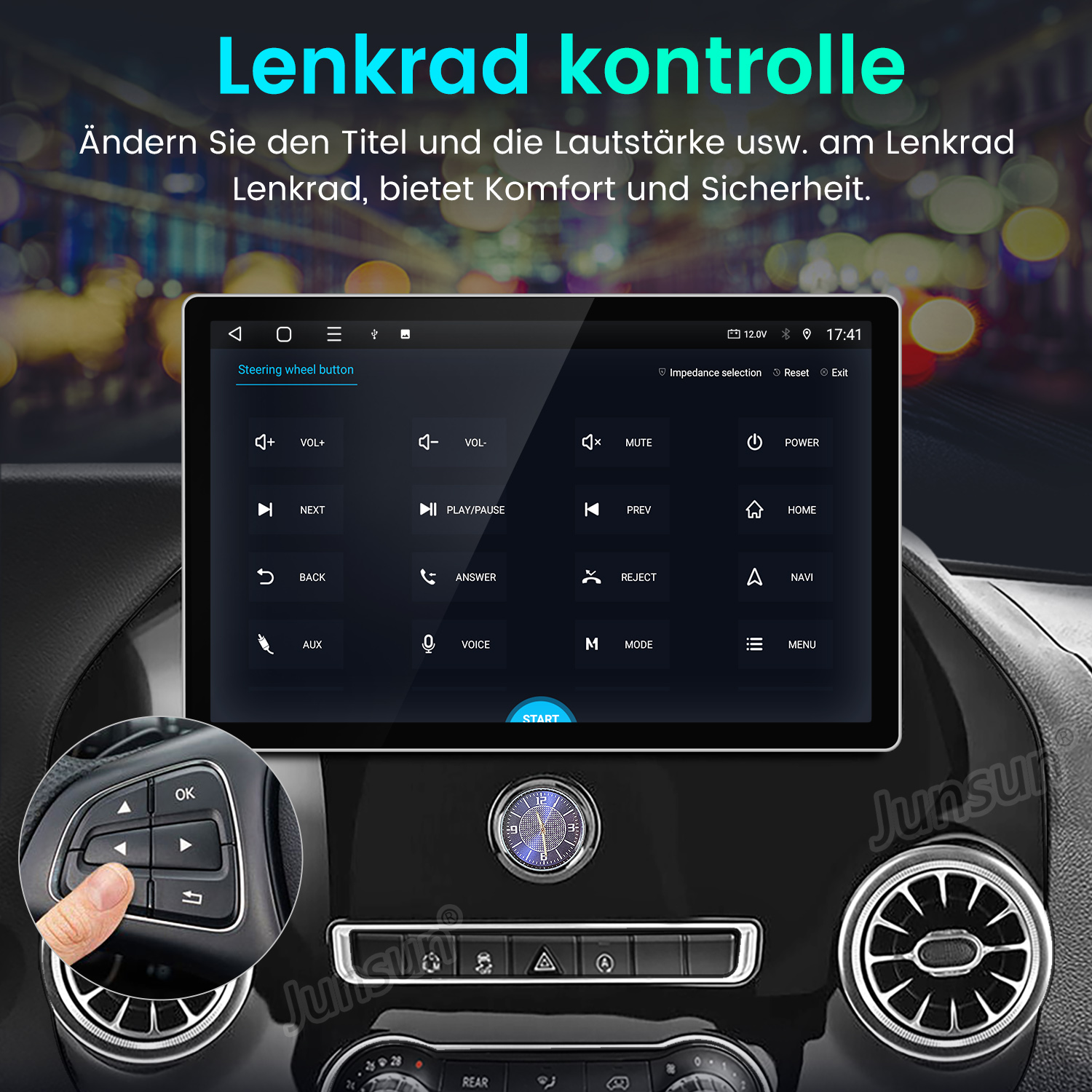 Auto-Dashboard-Bildschirm mit Navigationsbedienelementen und -einstellungen. Eine Hand berührt das Lenkrad.
