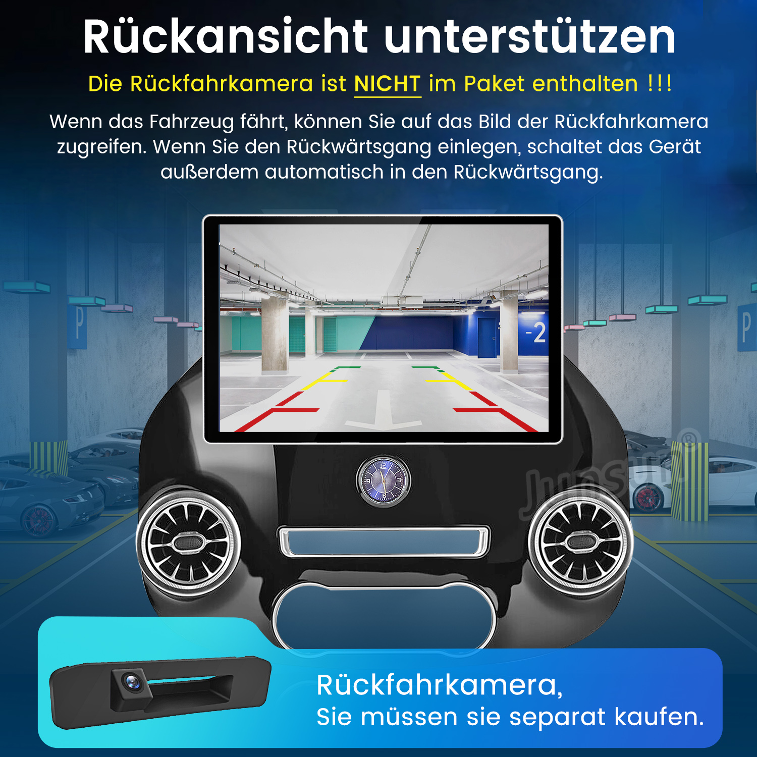 Eine Innenanzeige im Auto zeigt eine Rückfahrkamera. Das Bild zeigt den Parkplatz mit Autos und der Kamera.