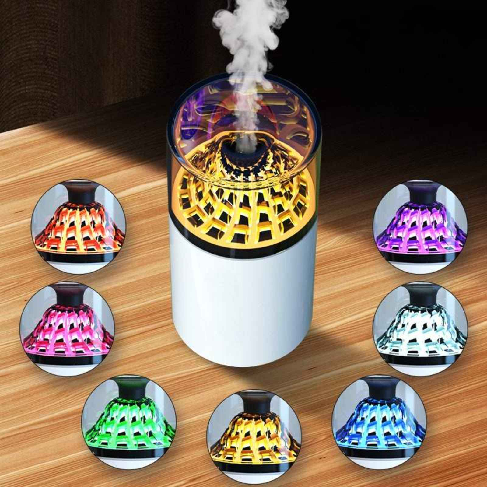 Ein kleiner, weißer Diffusor für ätherische Öle mit einer mehrfarbigen Lichtfunktion. Die Lichter werden in kreisförmigen Rahmen gezeigt.
