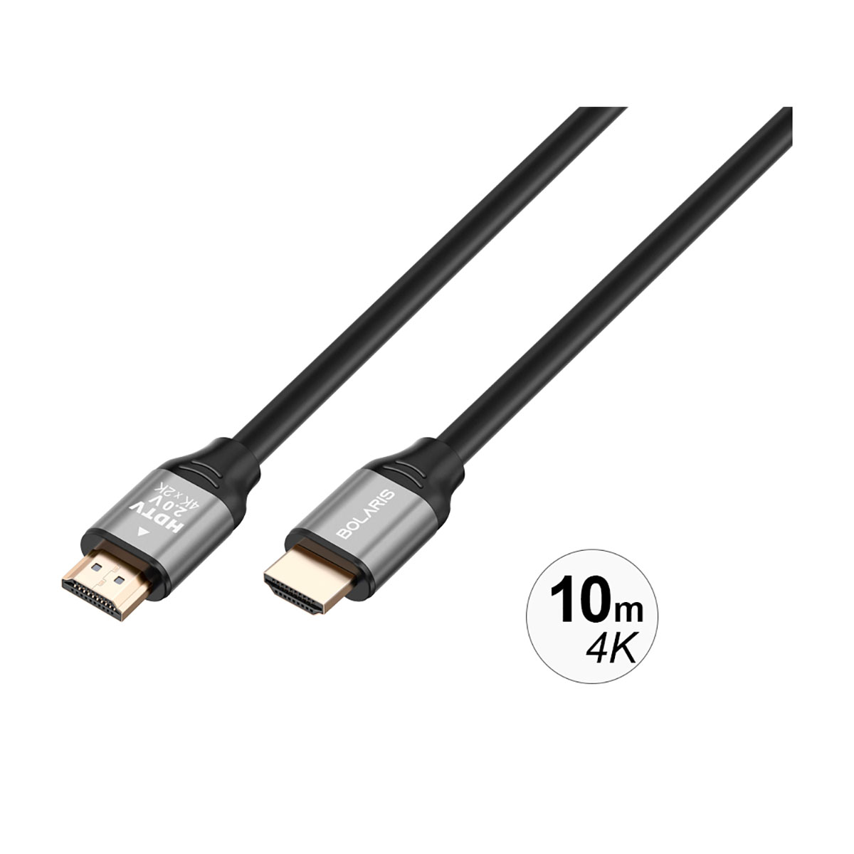 Zwei HDMI-Kabel. Eines hat HDMI zu einem kleinen Stecker. Text: 10 m 4K. Grau und schwarz.