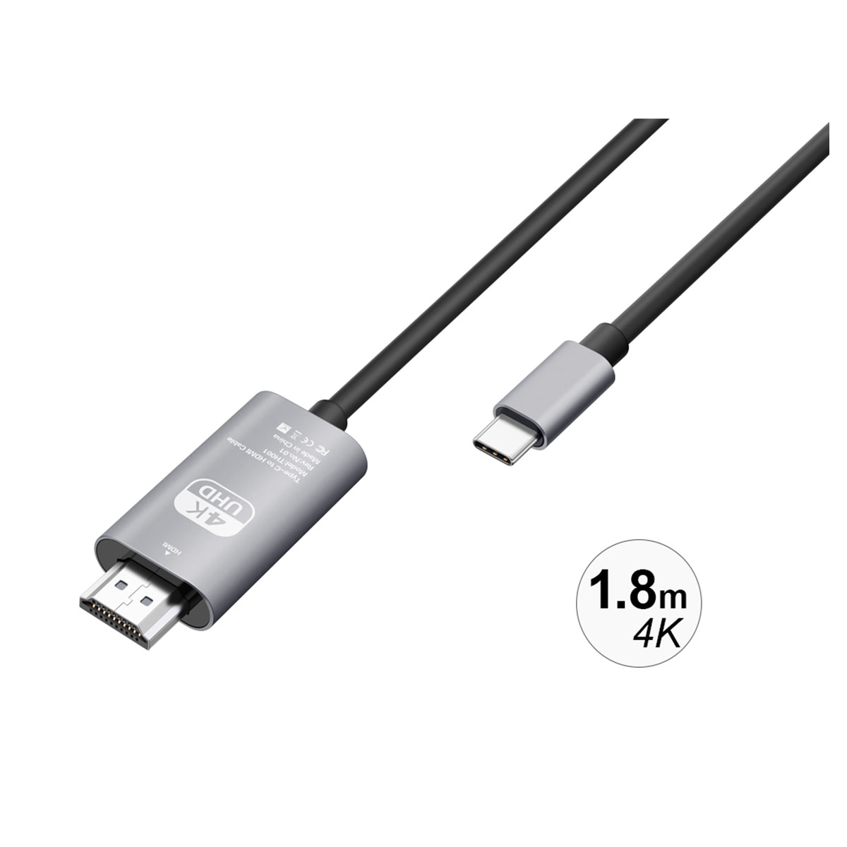 Silbernes und schwarzes HDMI-zu-USB-C-Kabel. Gezeigt wird ein 1,8 m langes 4K-Kabel.