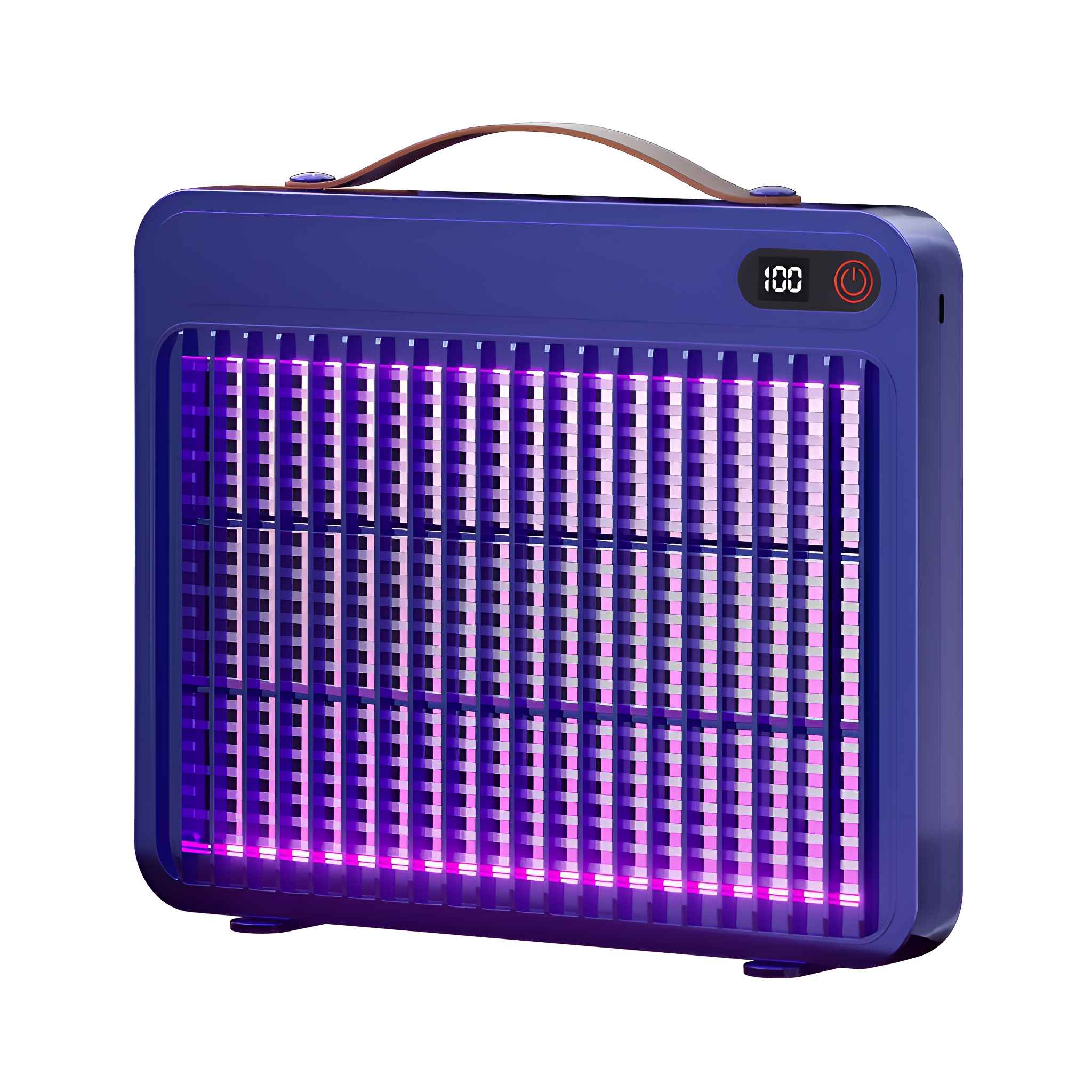 Ein blauer Insektenvernichter mit Griff und Digitalanzeige. Es hat ein Gitter mit violettem Licht im Inneren.