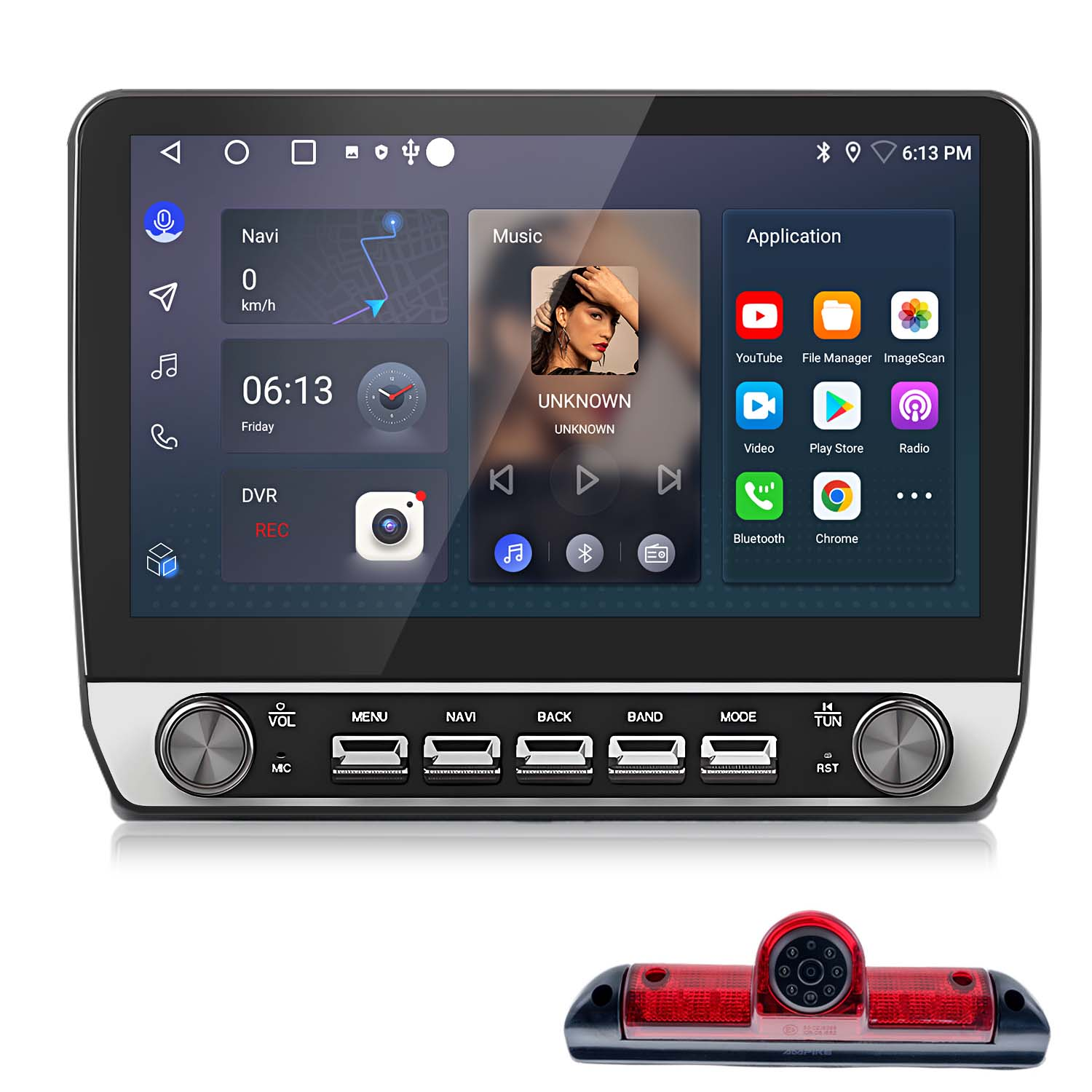 Auto-Multimedia-System mit Bildschirm, der Navigation, Musik, Anwendungen und eine Rückfahrkamera anzeigt.