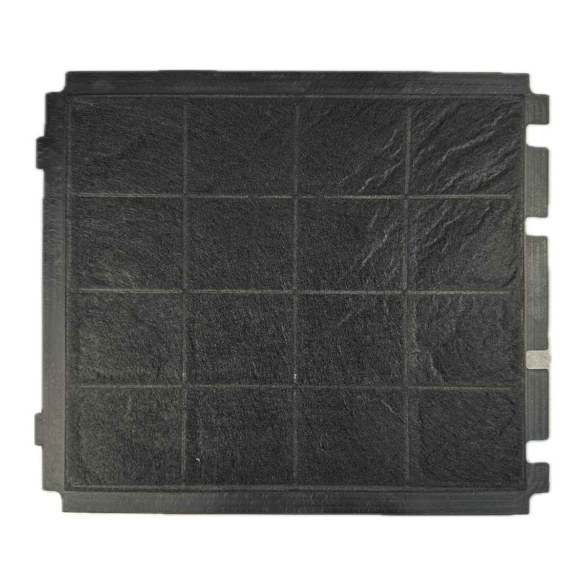 Ein schwarzer Luftfilter. Es ist ein rechteckiger Rahmen mit einem schwarzen Netz im Inneren. Es ist auf weißem Hintergrund.