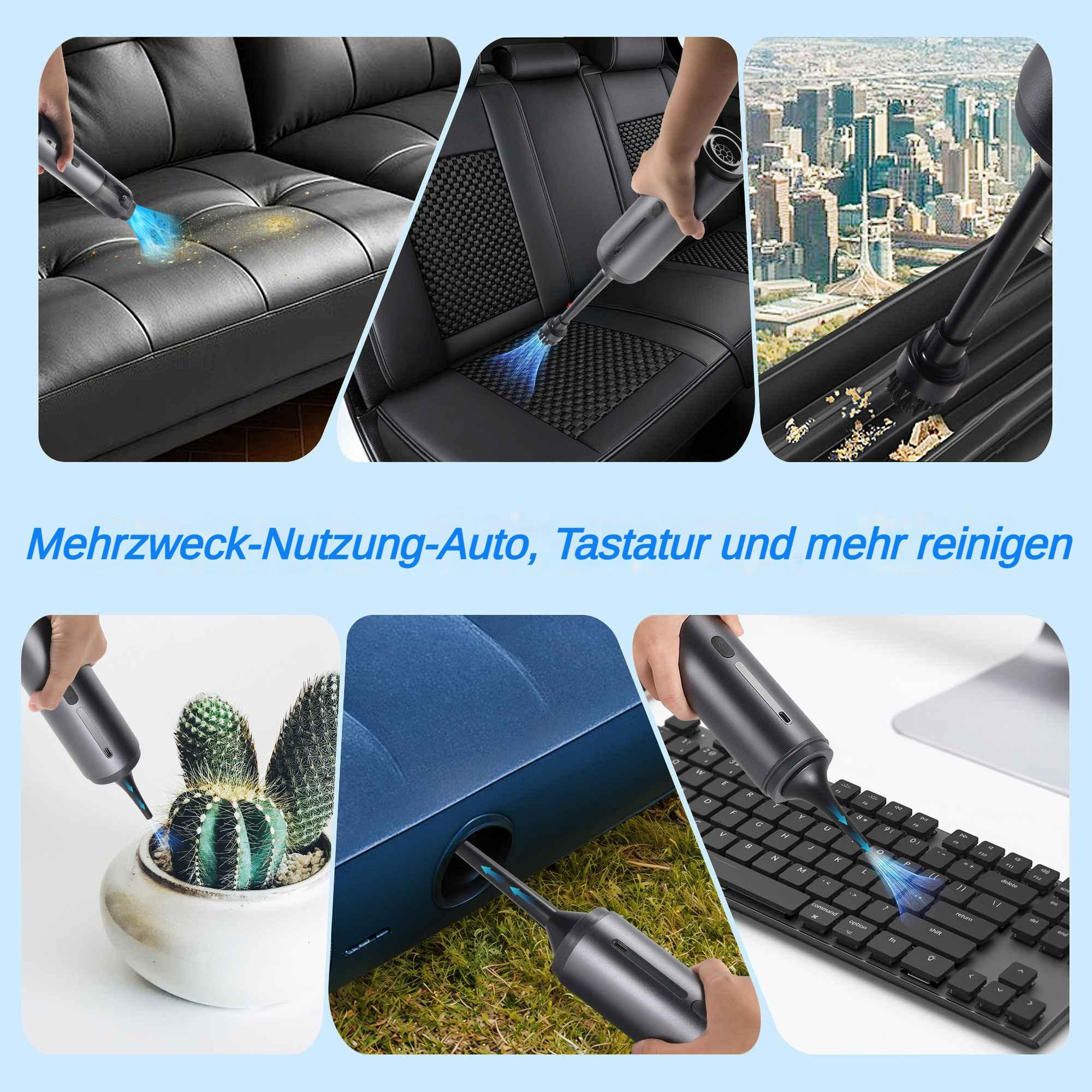 Collage, der einen Handstaubsauger beim Reinigen verschiedener Oberflächen zeigt. Text auf Deutsch.