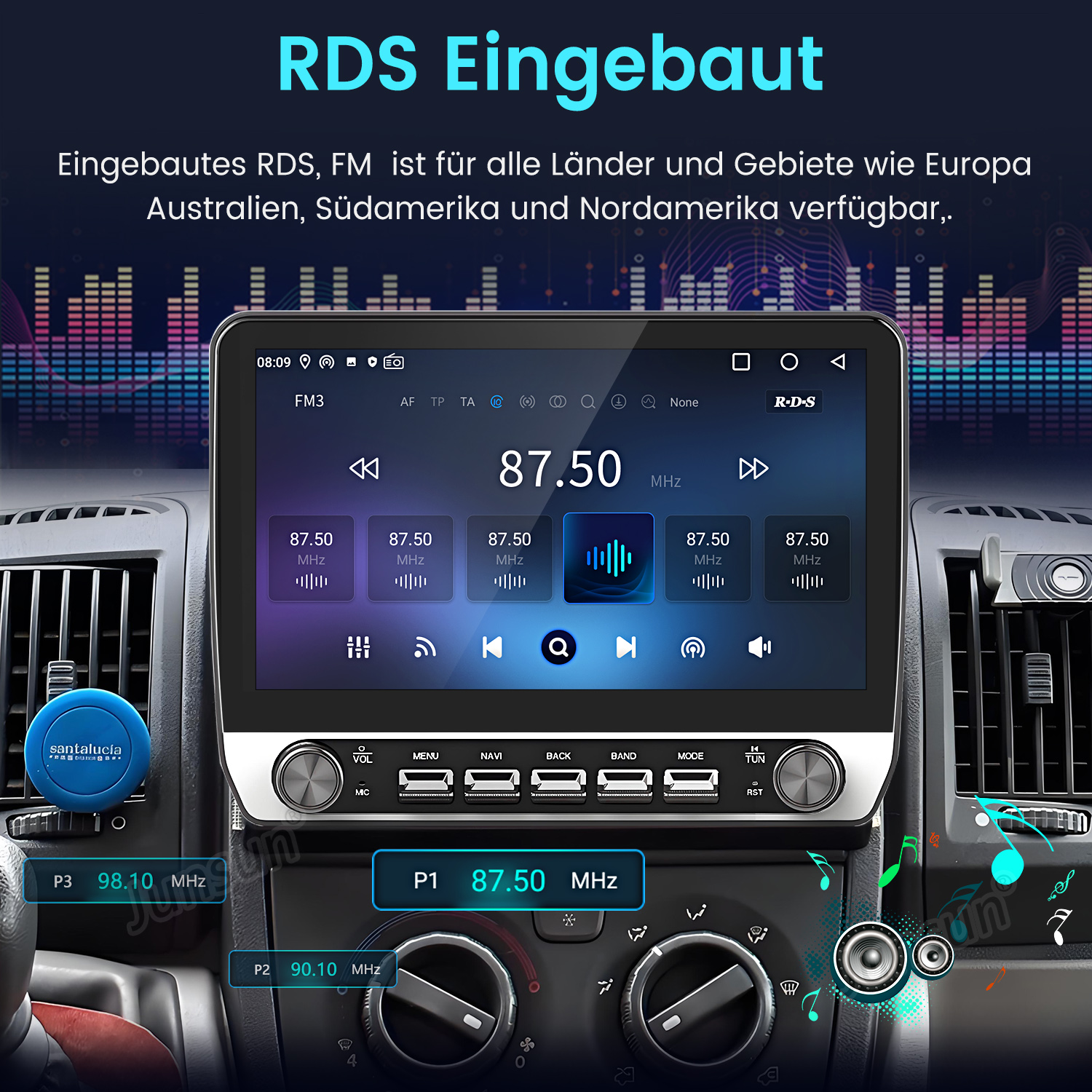Autoradio-Bildschirm mit 87,50 MHz. Knöpfe darunter mit Beschriftungen. Text oben ist auf Deutsch.
